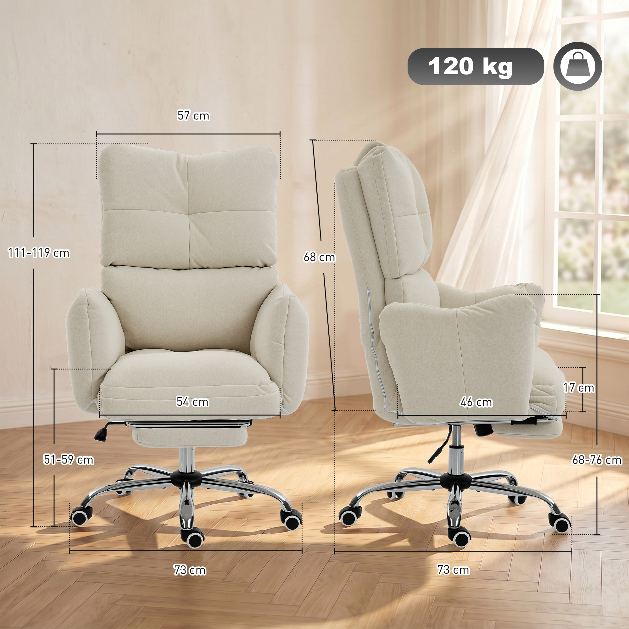Bürostuhl mit Fußstütze, Ergonomischer Drehstuhl mit Wippfunktion, Verstellbarer Hohe Rückenlehne, Schneeflanellstoff