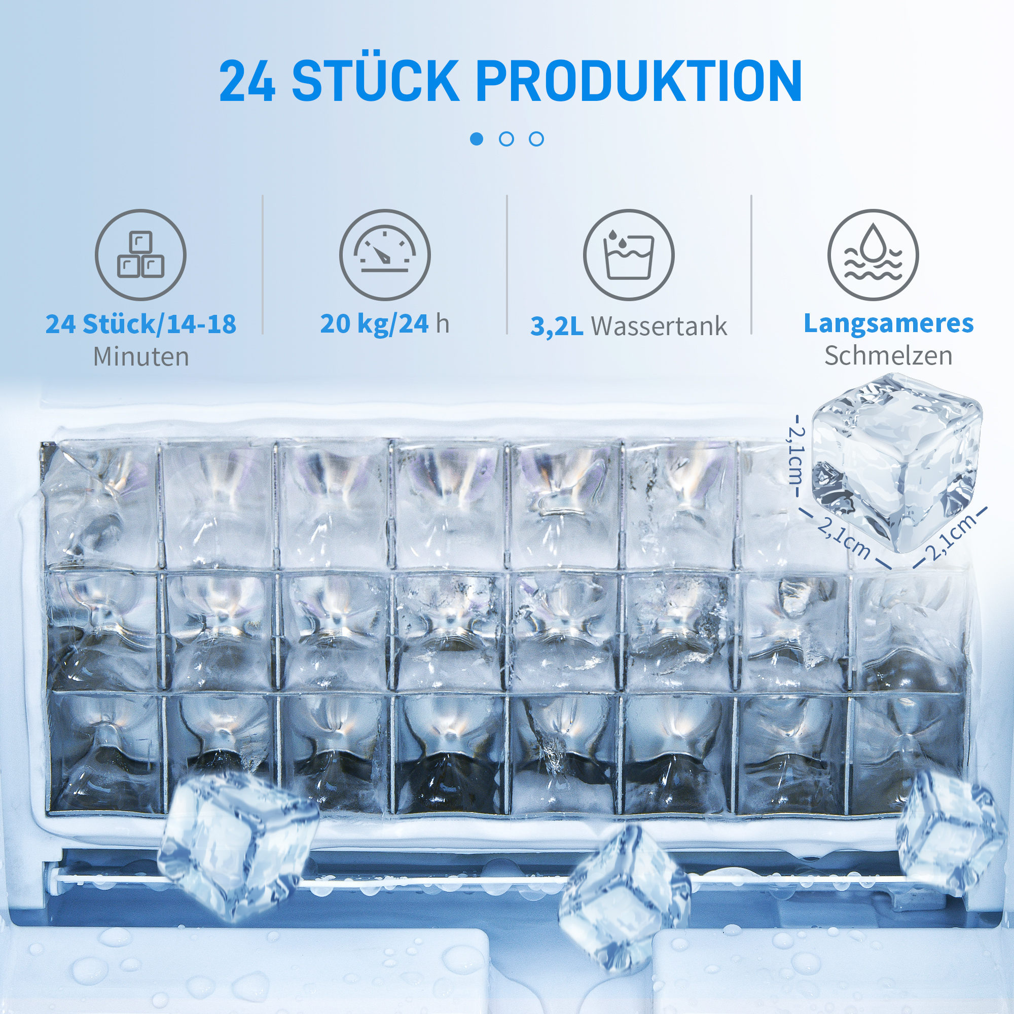 Eiswürfelmaschine Eiswürfelspender Ice-Maker 20kg/24h 2,3L Eiswürfelbereiter mit 3,2 L Wassertank, Silber