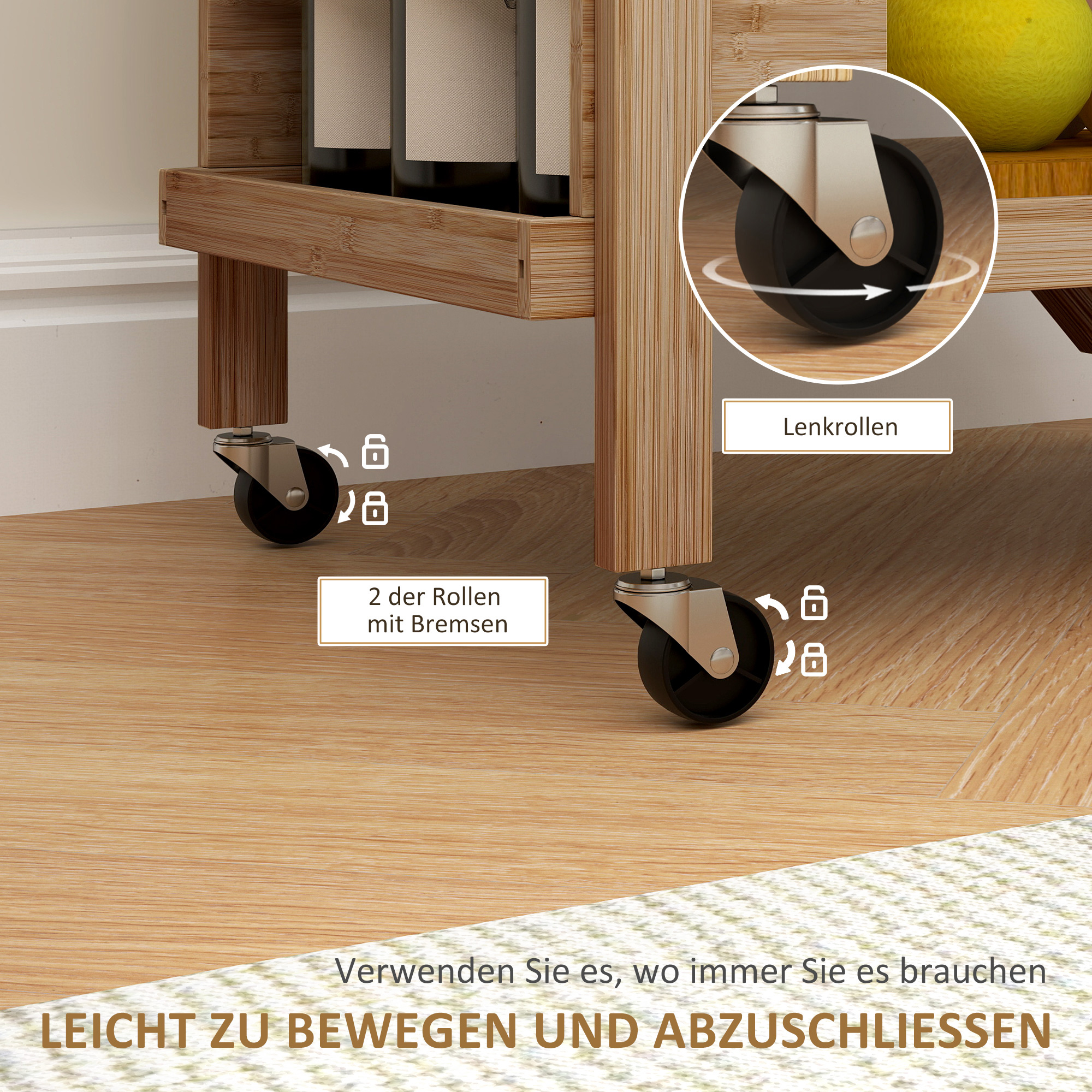 Küchenwagen auf Rädern, Servierwagen mit 3 Weinregalen, 2 Tabletts, für Küche, Esszimmer, Bambusholz, Hellbraun