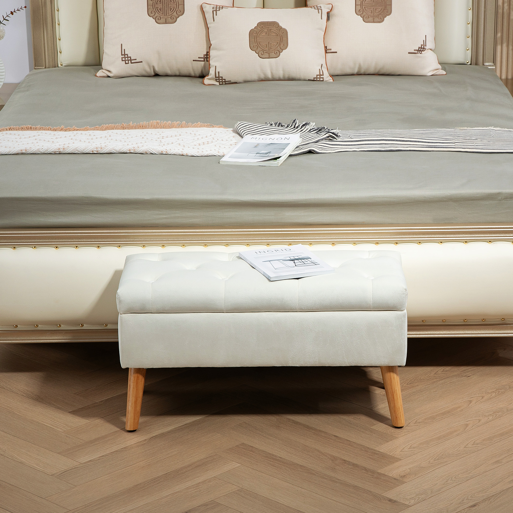 Polsterbank mit Stauraum, Stoffbezug in Samtoptik, Holzbeine, für Wohnzimmer, Schlafzimmer, Flur, 80 x 35 x 42 cm, Weiß