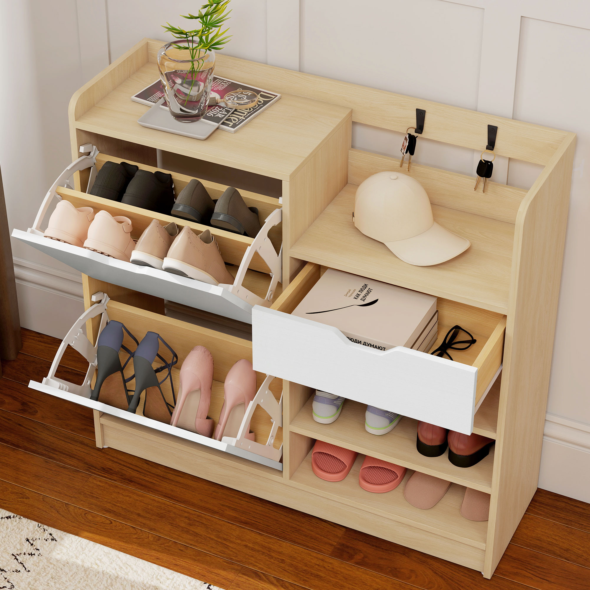 Schuhregal für Flur, Schuhschrank mit Kippschubladen, offenen Regalen, 4 Haken, für bis zu 14 Paar Schuhe, Natur