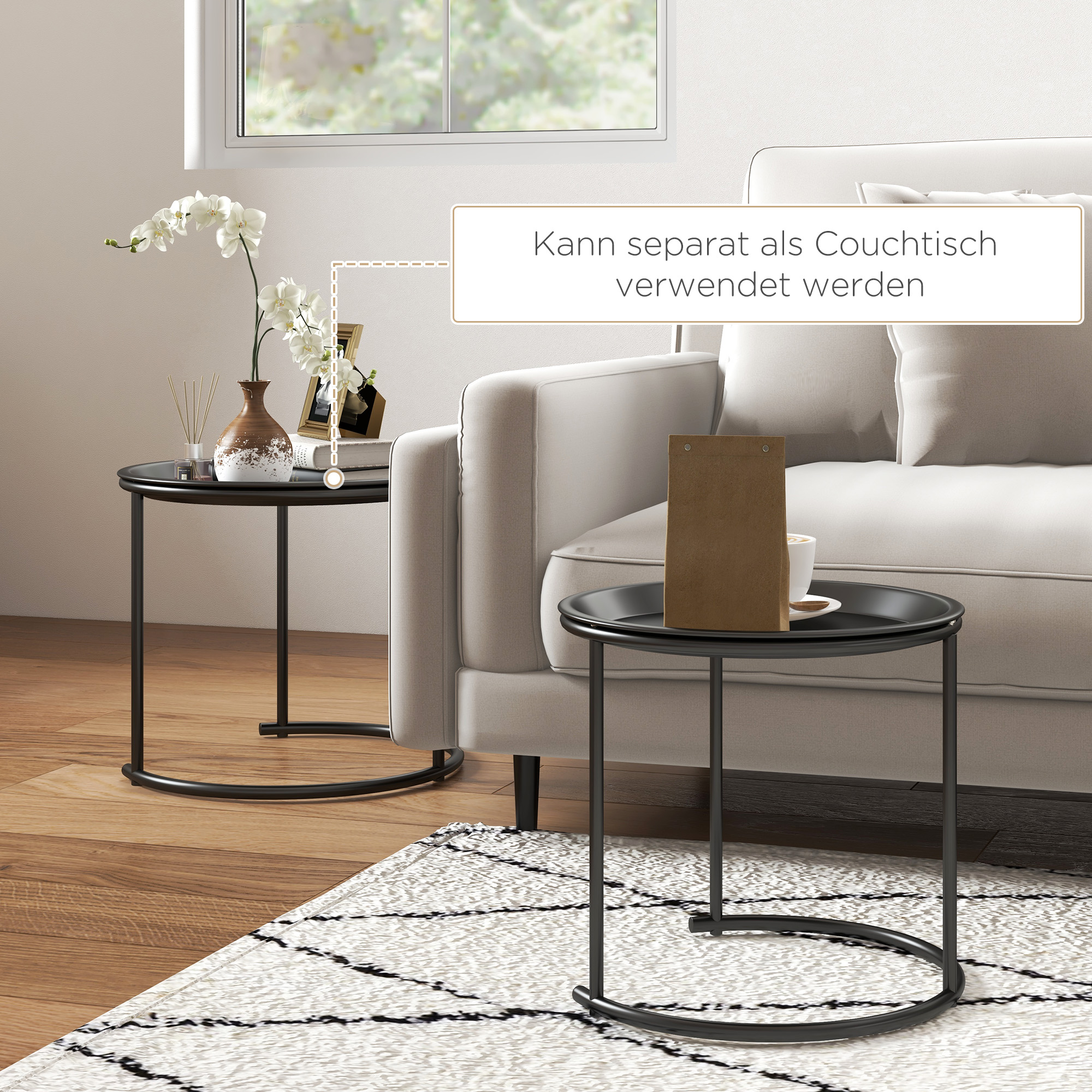 2er-Set Beistelltische aus Metall, ineinander verschiebbar, Tischplatten als Tabletts verwendbar, Schwarz