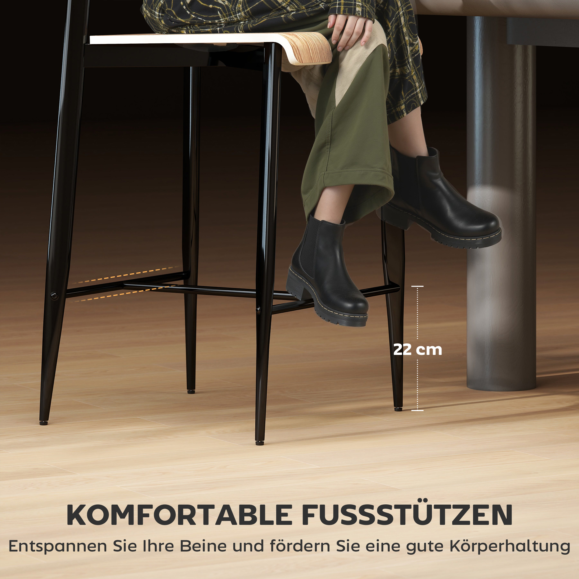 2er-Set Barhocker, Barstühle mit Rückenlehne und Metallgestell, Holz, Hellbraun