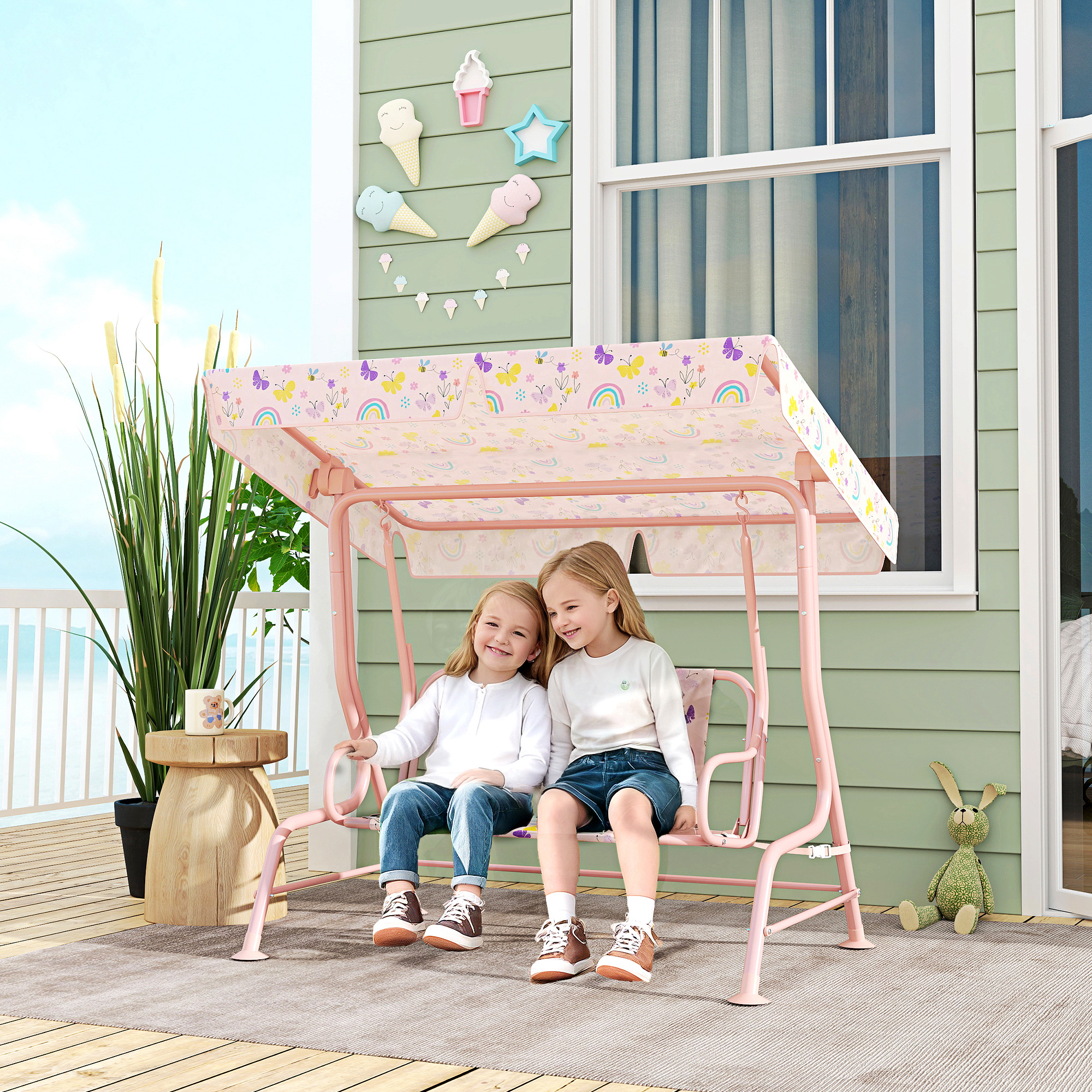 Hollywoodschaukel für Kinder, Stahlrahmen, 2-Sitzer, 60 kg belastbar, Rosa