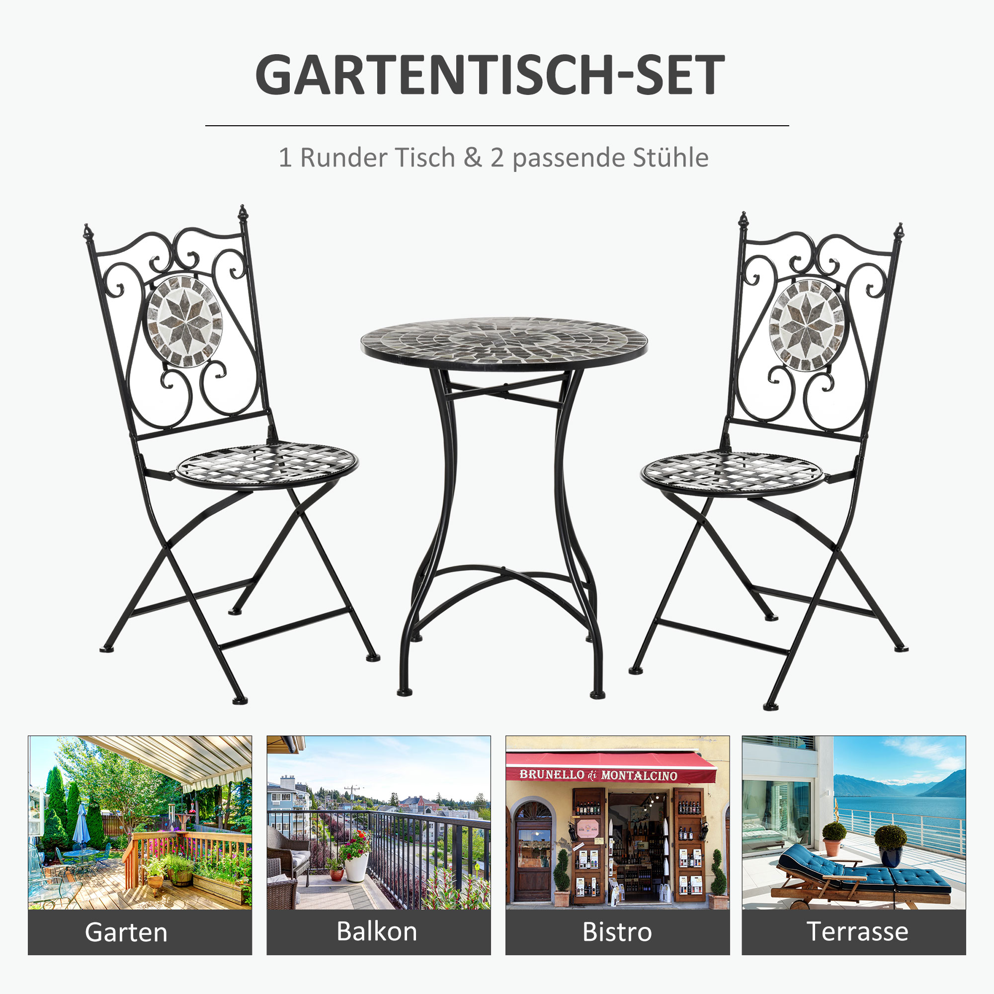 Garten Sitzgruppe für 2 Personen Balkonmöbel Set Mosaiktisch+faltbare Stühle Metall Keramikfliese Mehrfarbig