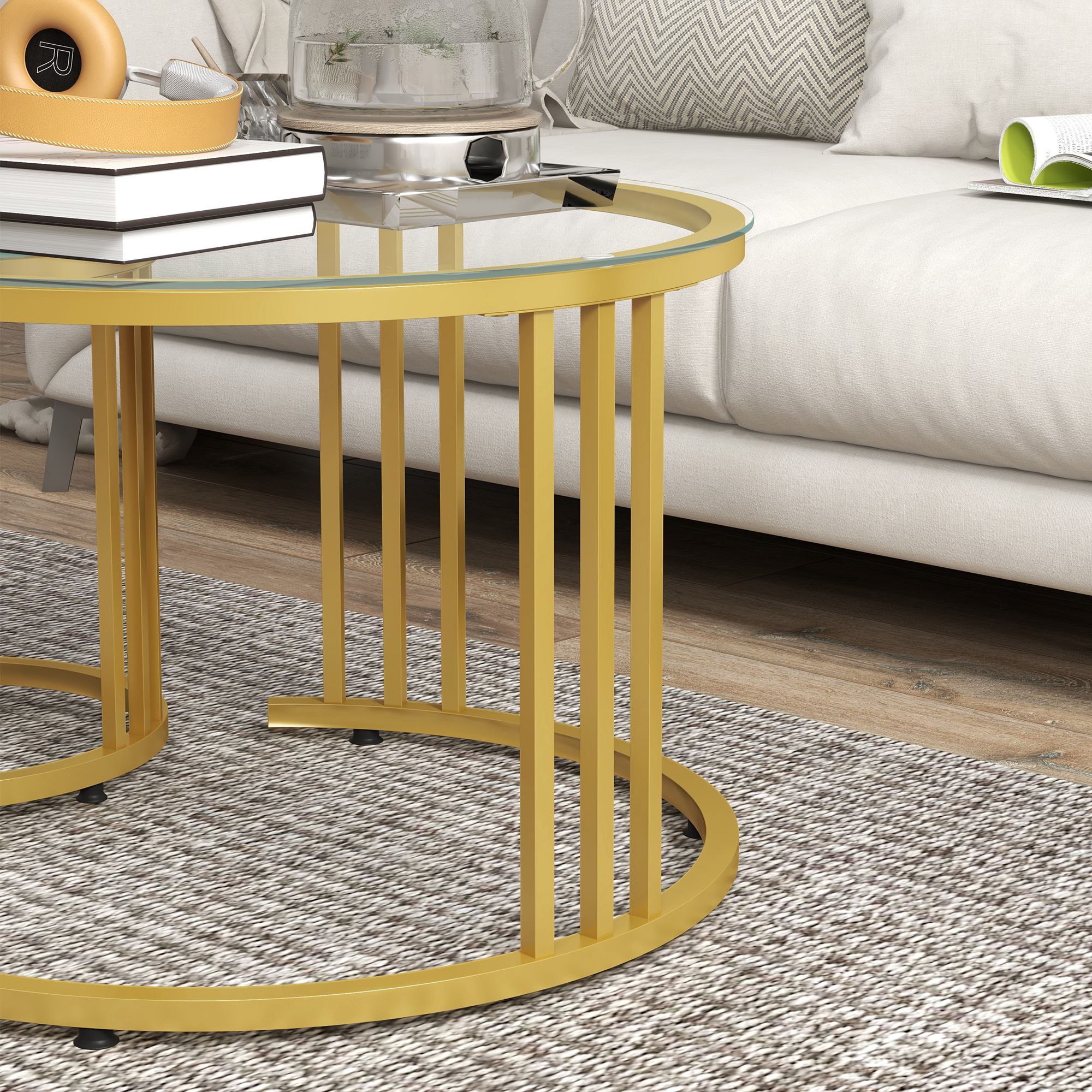 Beistelltisch-Set, 2 Satztische, Karbonstahl, Glasplatte, Ø60x47/Ø40x42 cm, Gold