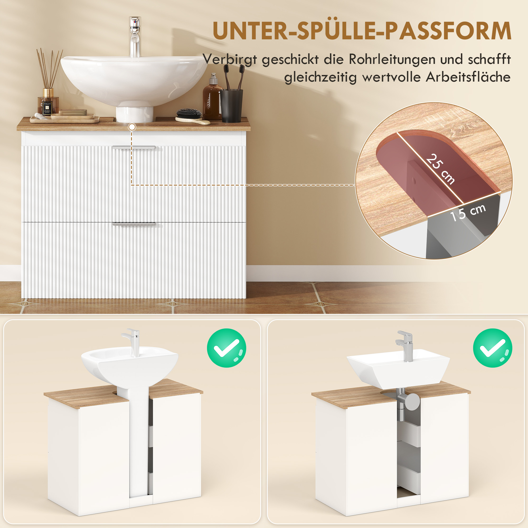 Unterschrank für das Badezimmer, 80 cm Schrank mit zwei großen Schubladen für Waschbecken mit oder ohne Sockel, Weiß