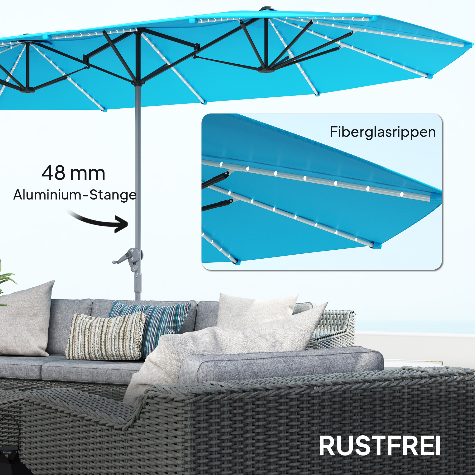Doppelschirm mit Solar-Lichtern, Aluminium, Polyester, UPF50+ Schutz, UV-beständig, Terrassenschirm, Blau