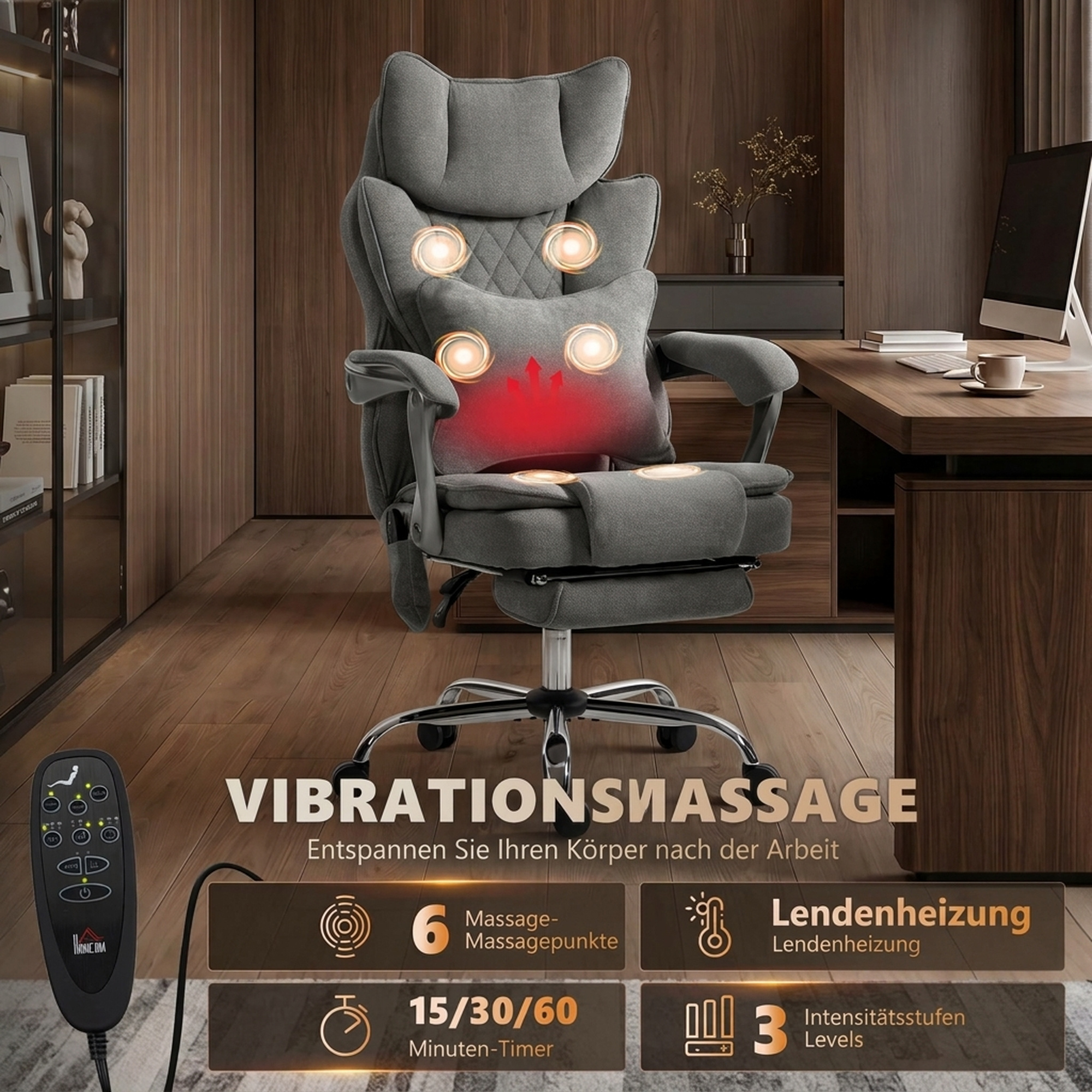 Bürostuhl mit Massage- und Wärmefunktion, bis 180 kg, verstellbar, in Leinenoptik, Lendenstütze, breiter Sitz, grau