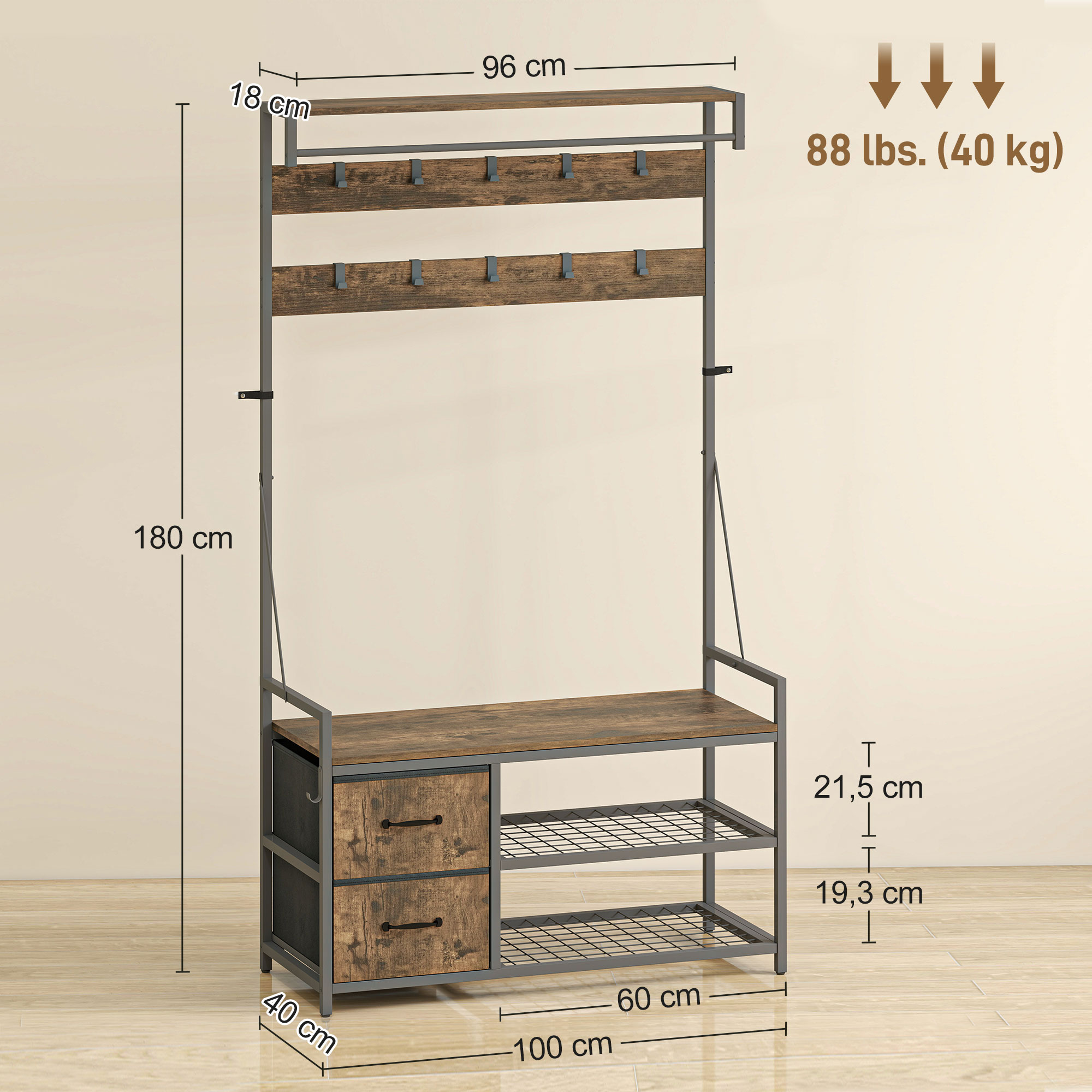 6-in-1 Garderobenständer mit Sitzbank und Schuhregal, Industrie-Stil, 10 Haken, 2 Stoffschubladen, Metall, Braun