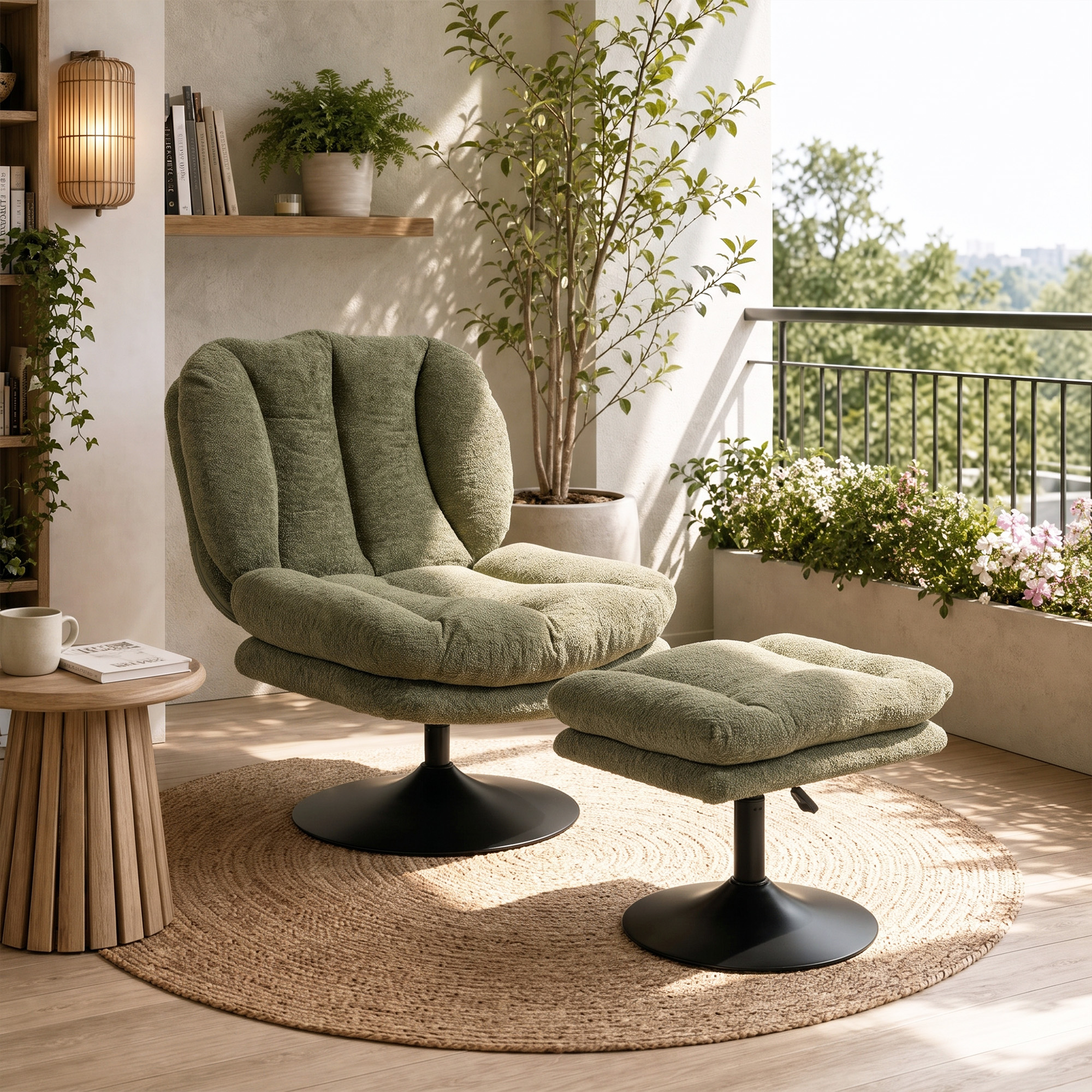 Loungesessel mit Hocker, 360° drehbar, aus Raindrop-Samt, höhenverstellbarer Fußhocker, Grün
