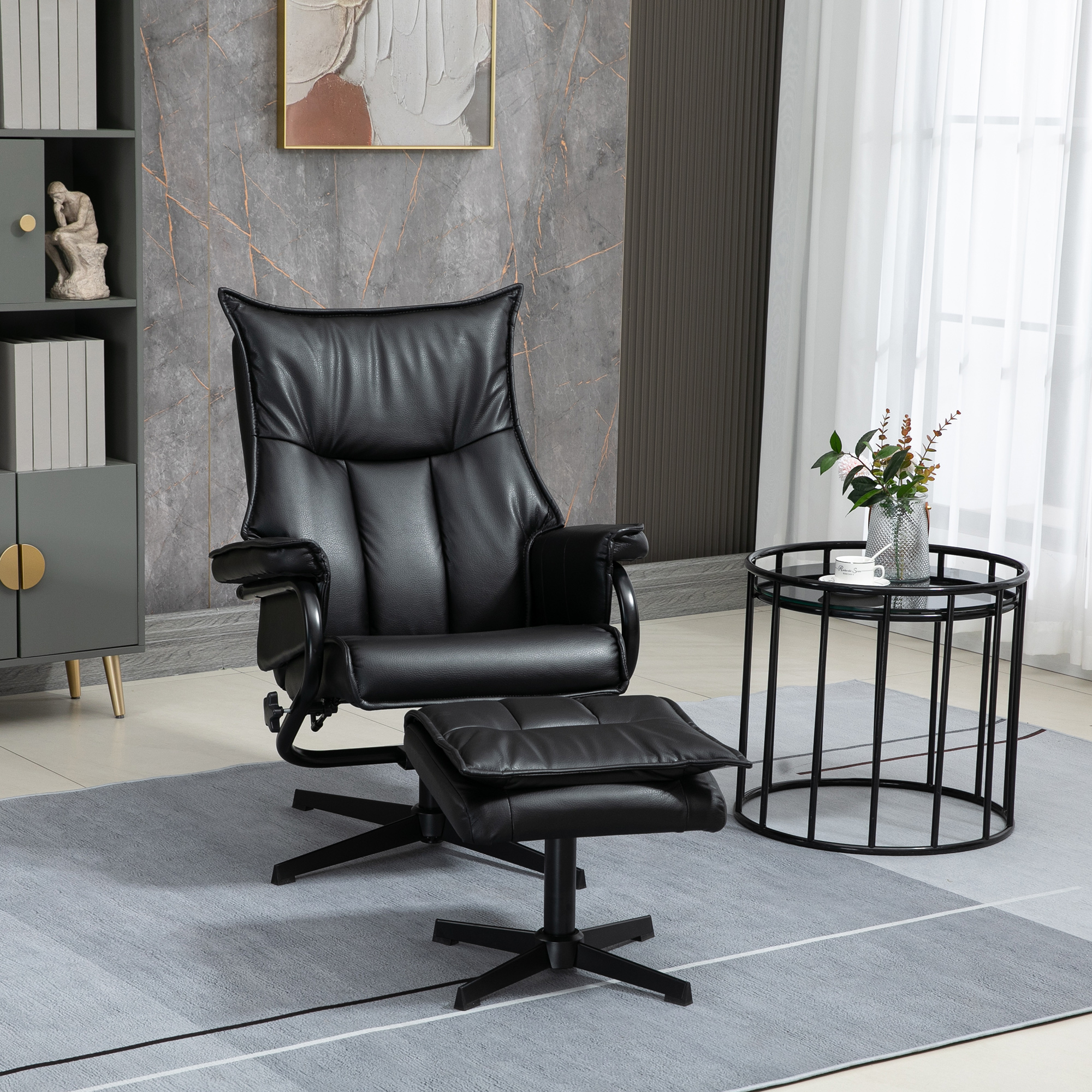 Relaxsessel mit Hocker, drehbar, neigbare Rückenlehne, Stahlrahmen, schwarz