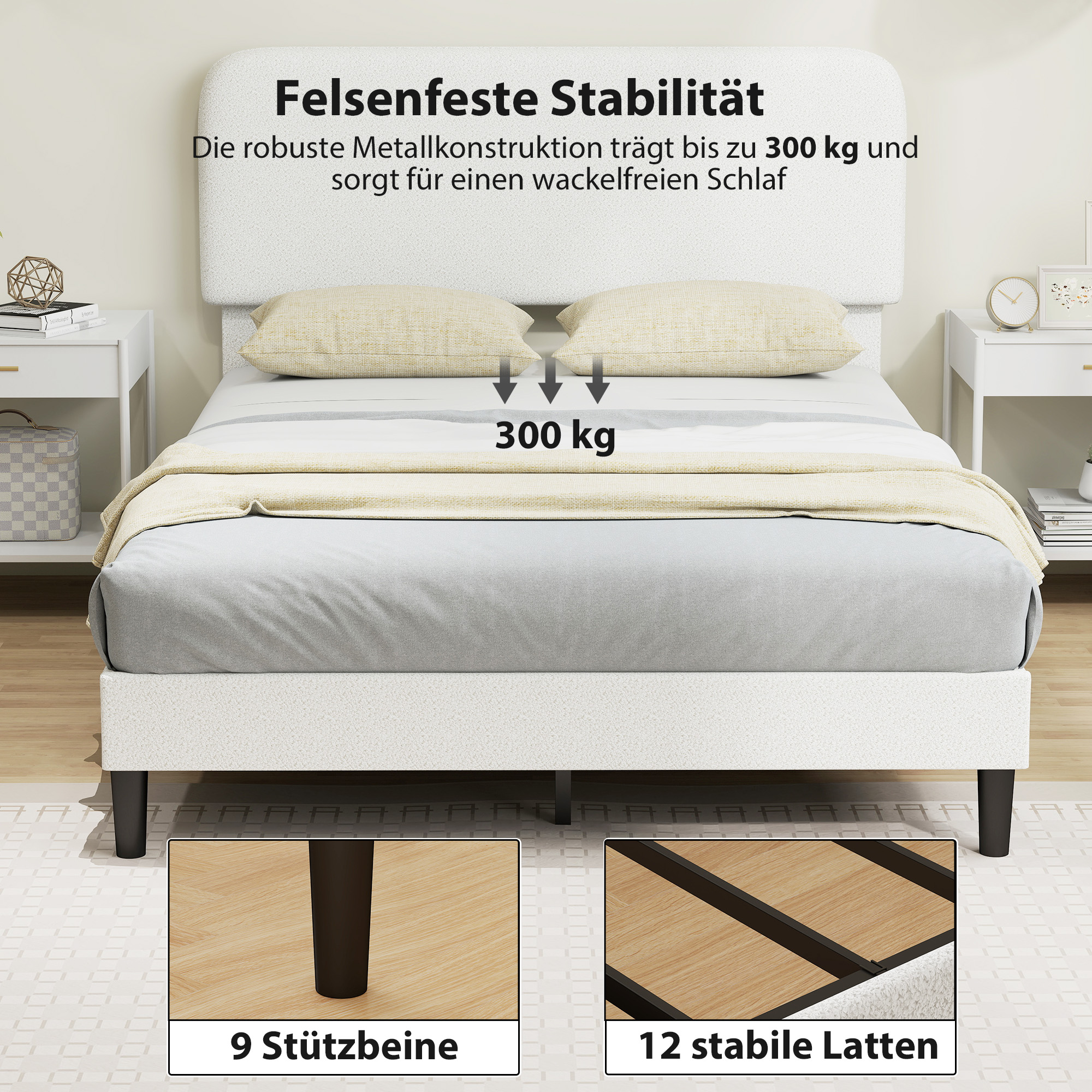 Einzelbettgestell mit Teddy-Fleece-gepolstertem Kopfteil, Metallbettgestell, einfache Montage, Weiß