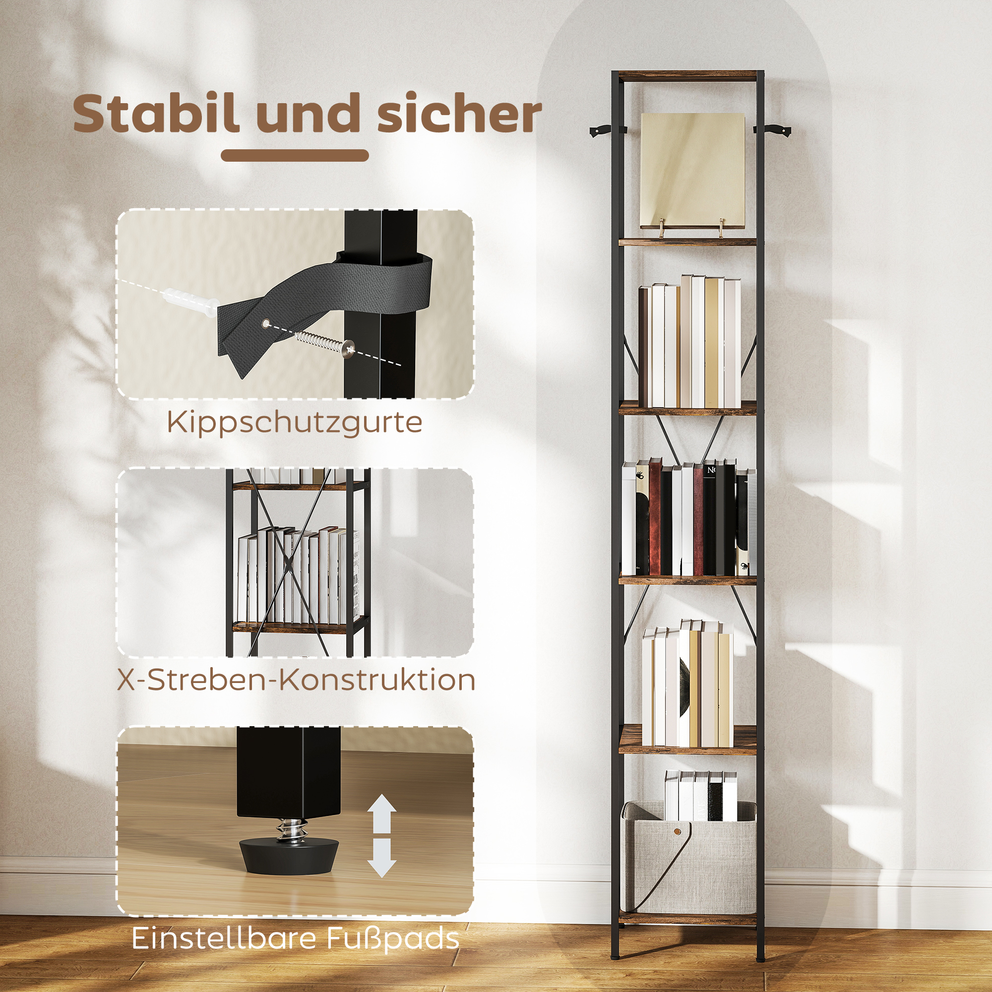 2er-Set 6-Ebenen-Bücherregal, Stahlrahmen, für Wohnzimmer, Büro, Schlafzimmer, Rustikal-Braun