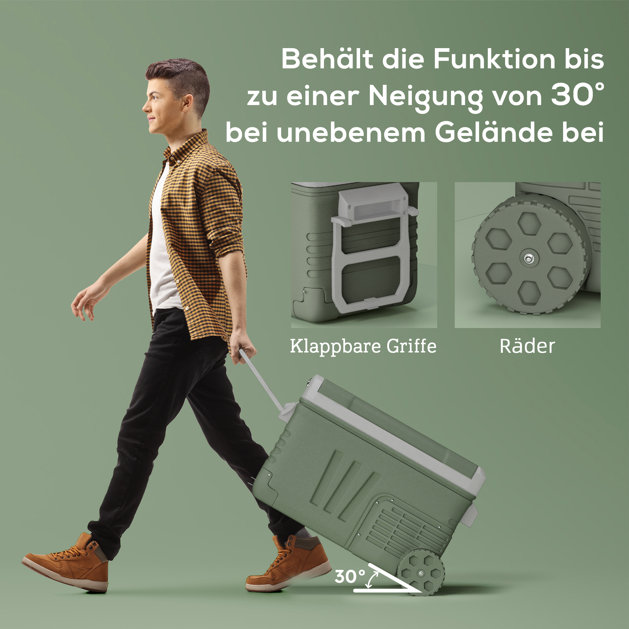 33l Campingkühlschrank, Reisekühlbox, tragbarer Autokühlschrank mit 2 Fächern und Rädern, Kunststoff, Grün