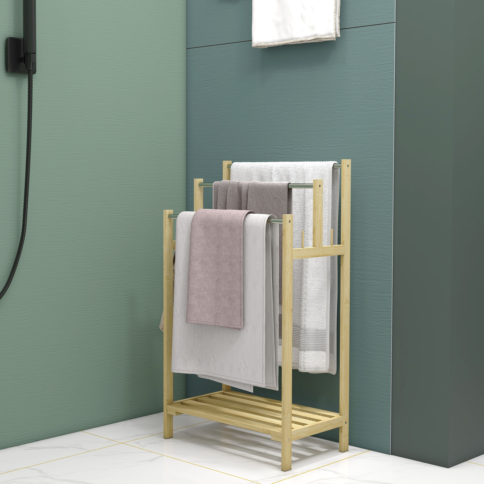 Handtuchhalter, freistehend, 3 Stangen, Bambus/Edelstahl, 50,5x31x90cm