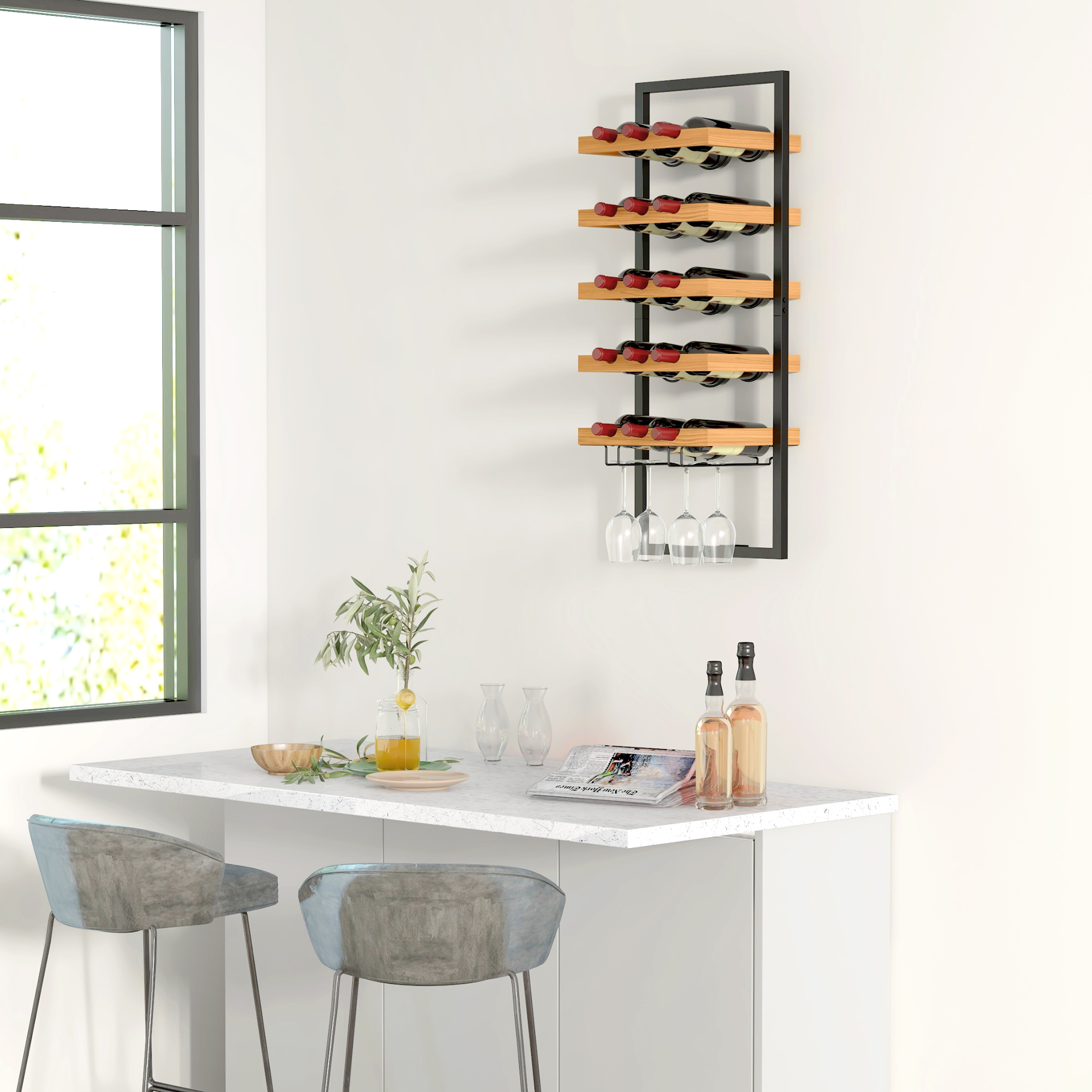 Wand-Weinregal, 5 Ebenen, Flaschenhalter, Gläserhalter, Kiefernholz, Stahl, Hausbar, Küche, Wohnzimmer, Braun