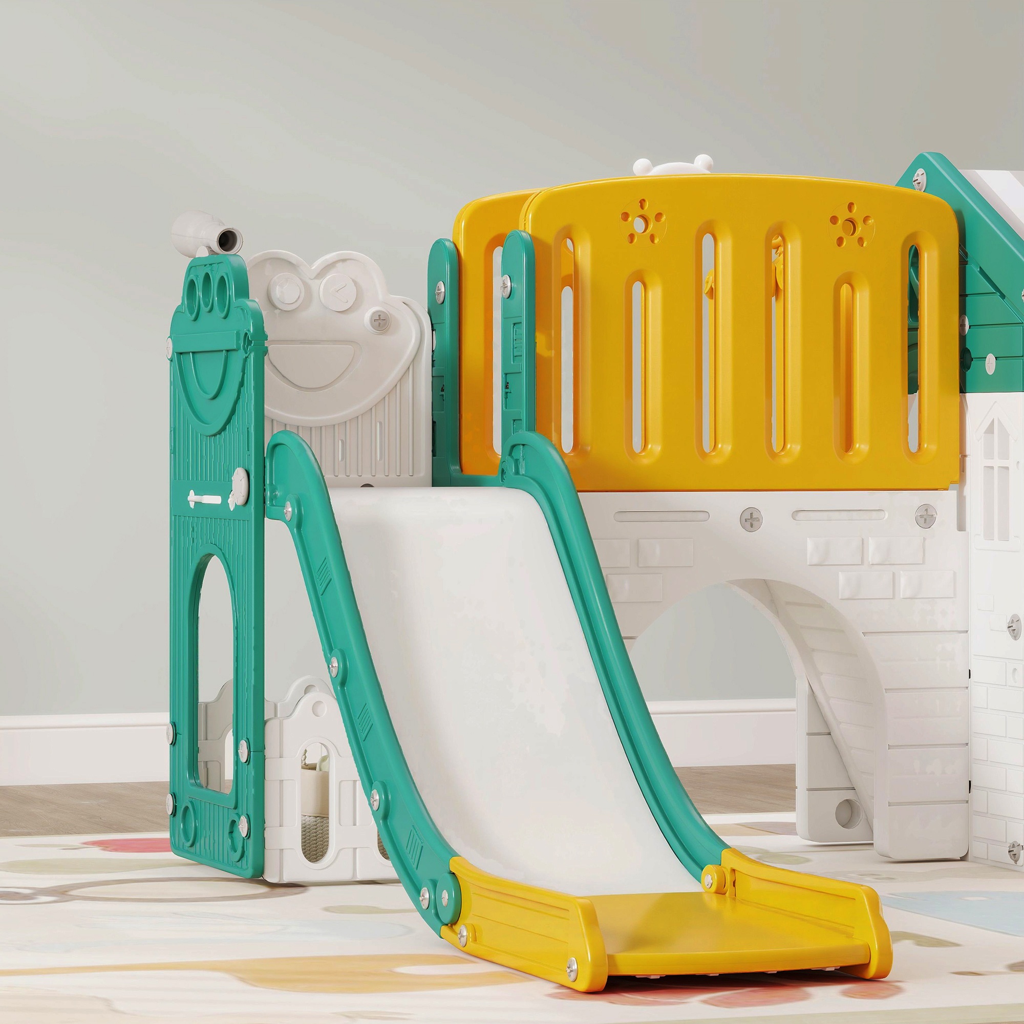 7-in-1 Kinderrutsche, Indoor-Spielplatz, Klettergerüst, Haus, Tafel, Basketballkorb, 1-4 Jahre, Kunststoff, Gelb+Grün