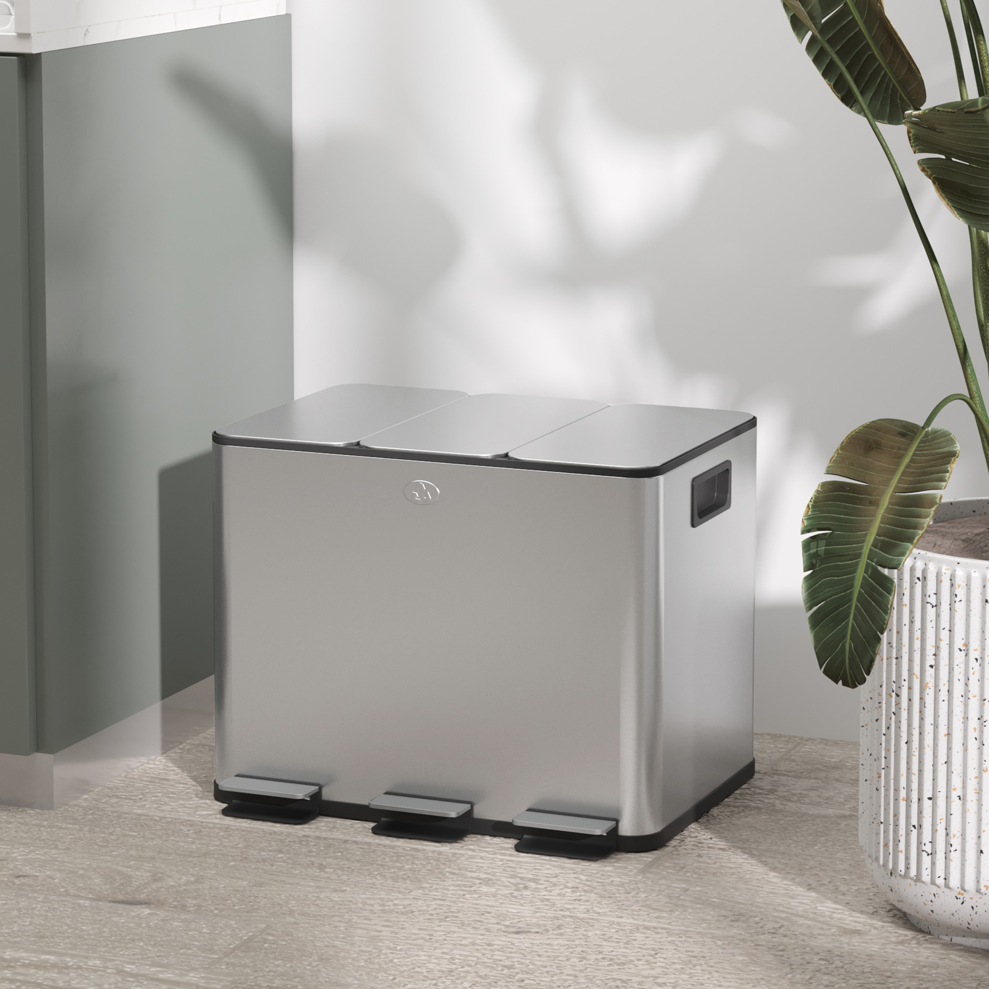 Mülleimer mit 3 x 20 L Fächern, Deodorant-Deckel, fingerabdrucksicher, Soft-Close, herausnehmbar, Silber