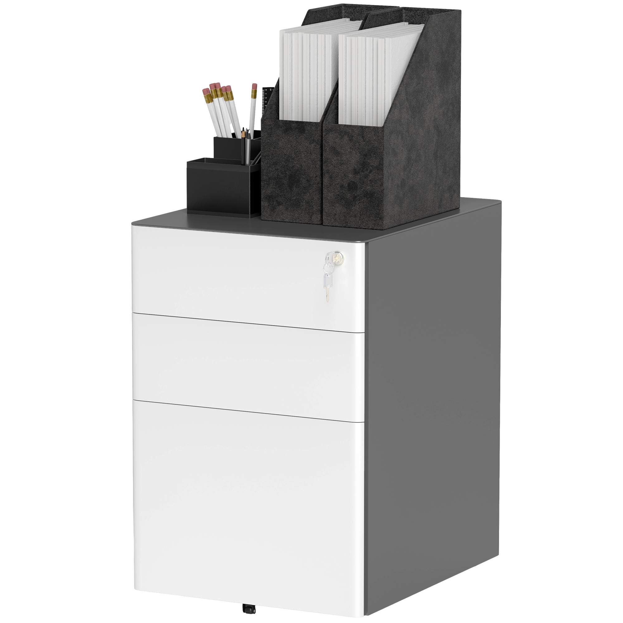 Aktenschrank, Rollcontainer, 3 Schubladen & Hängeregister, Schloss, Stahlgehäuse, 39x48x59 cm, Weiß+Grau