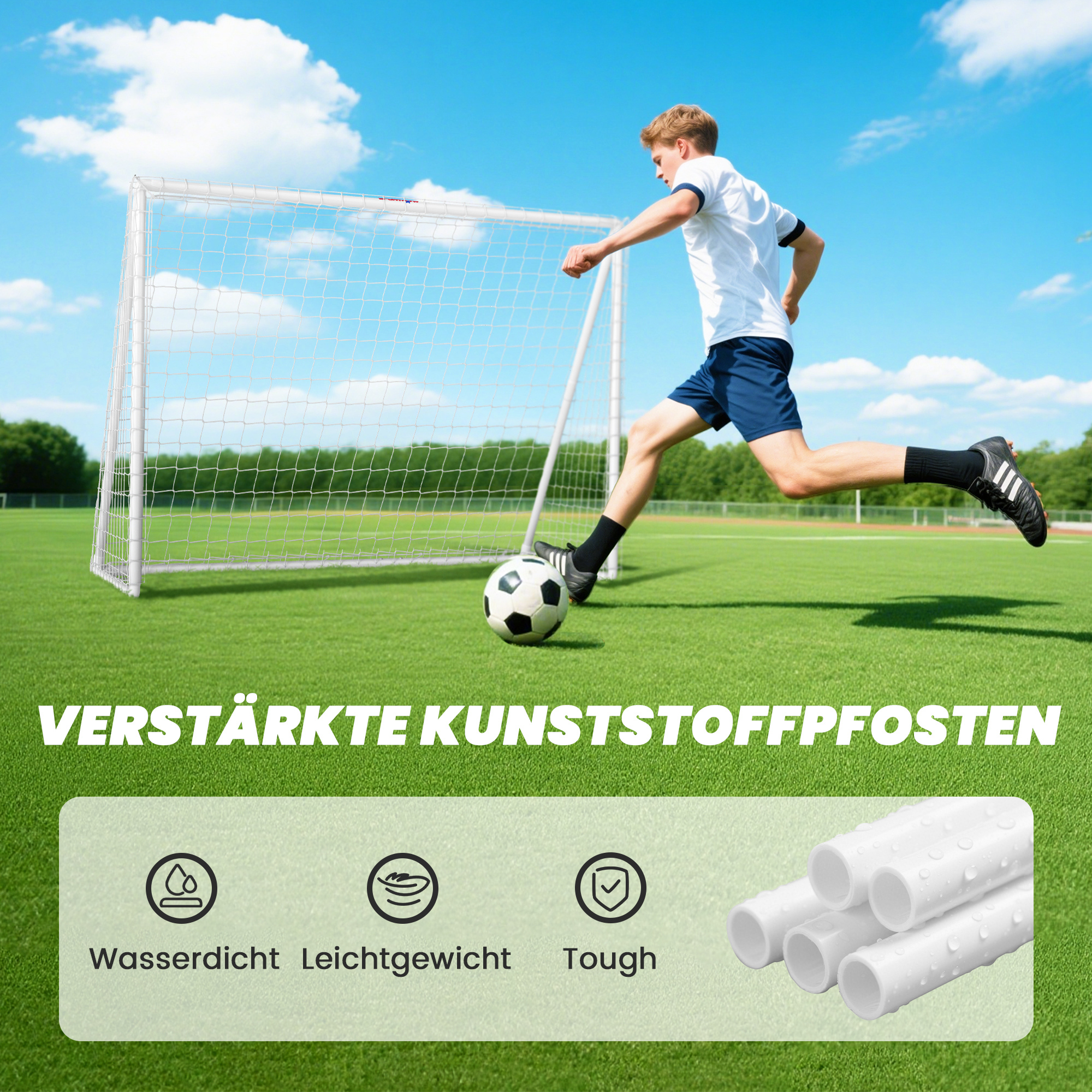 Fußballtor, robustes Netz, Kunststoff-Rahmen, Heringe, 240L x 90B x 180H cm, Weiß