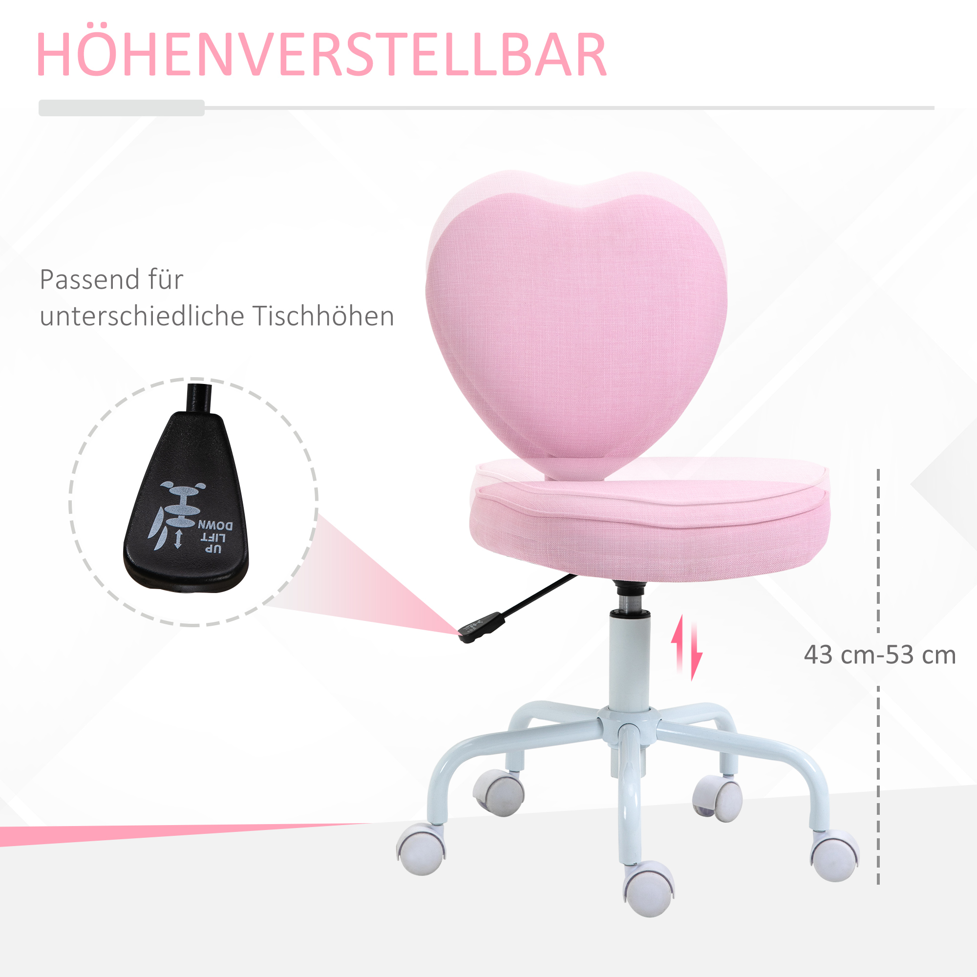 Drehstuhl, niedliches Herz-Design, höhenverstellbar, Stoffbezug in Leinenoptik, rosa, 42 x 50 x 79-89 cm
