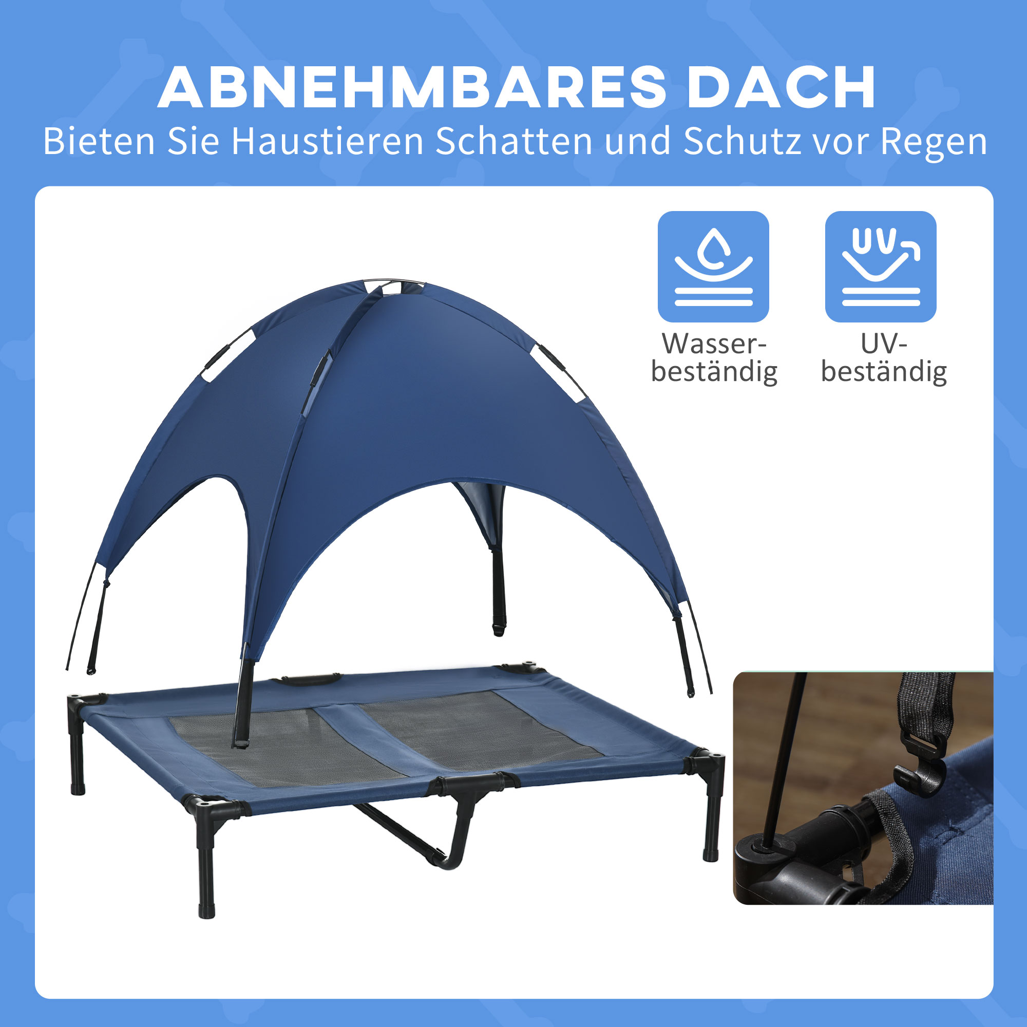 Hundebett mit Baldachin, Outdoor-Hundebett, klappbar, erhöhter Stand, Blau + Schwarz