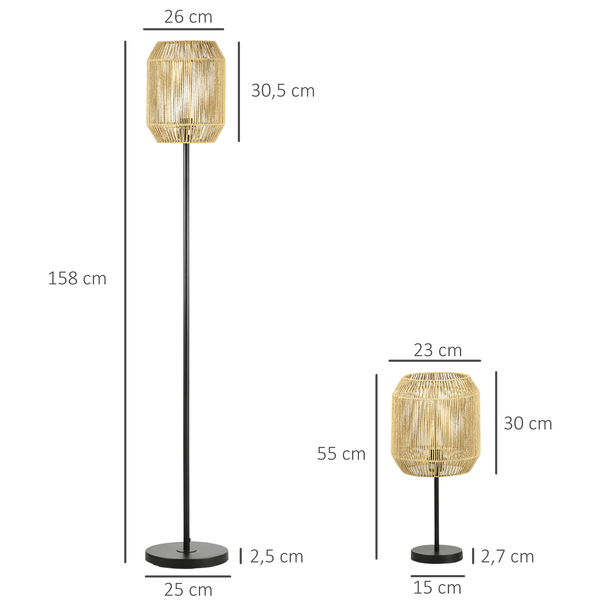 2-teiliges Leuchten-Set, 1 Stehleuchte, 1 Tischleuchte, 38 cm x 38 cm x 158 cm, Natur + Schwarz