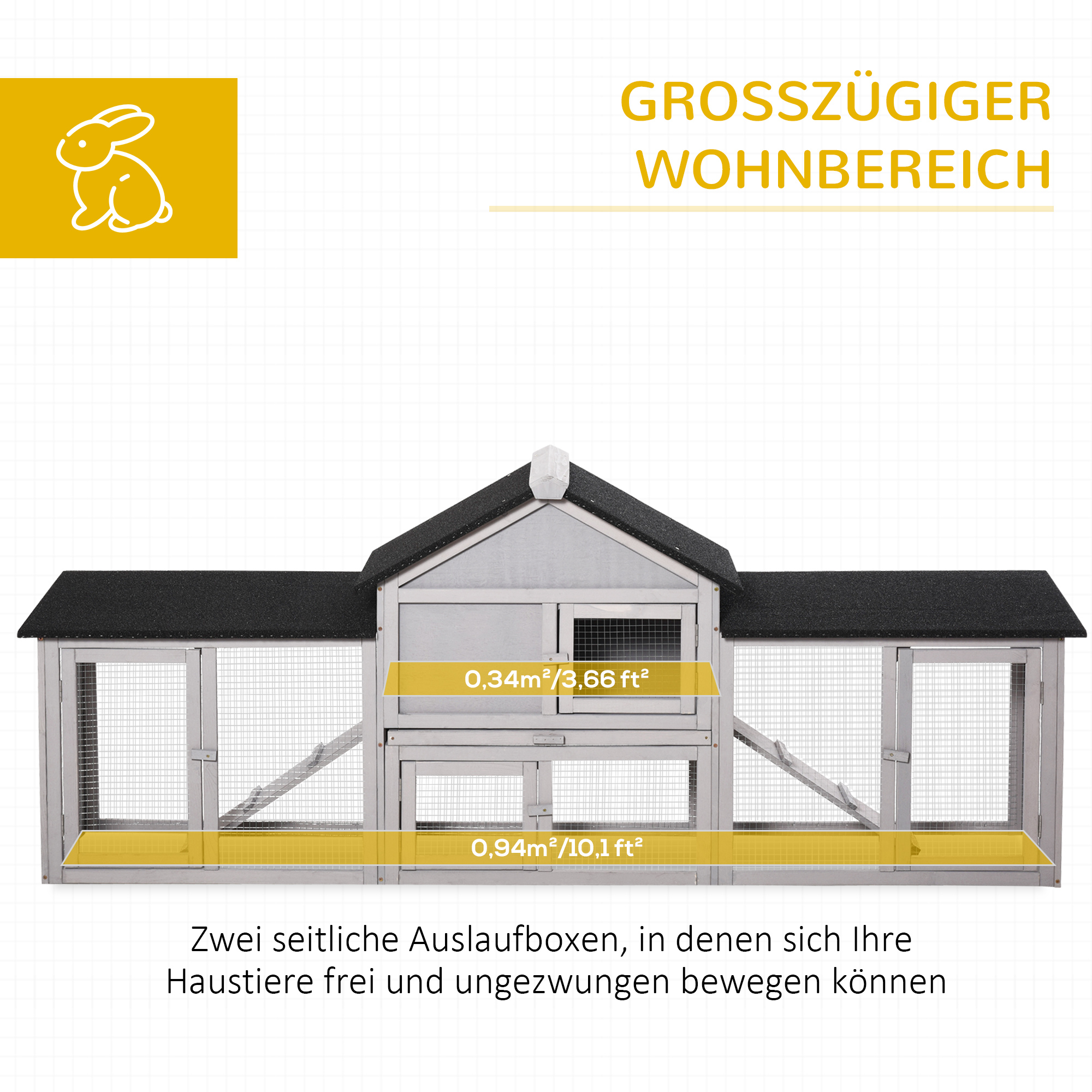 Kleintierstall mit 2 Freiluftgehegen Asphaltdach Tannenholz Grau + Schwarz