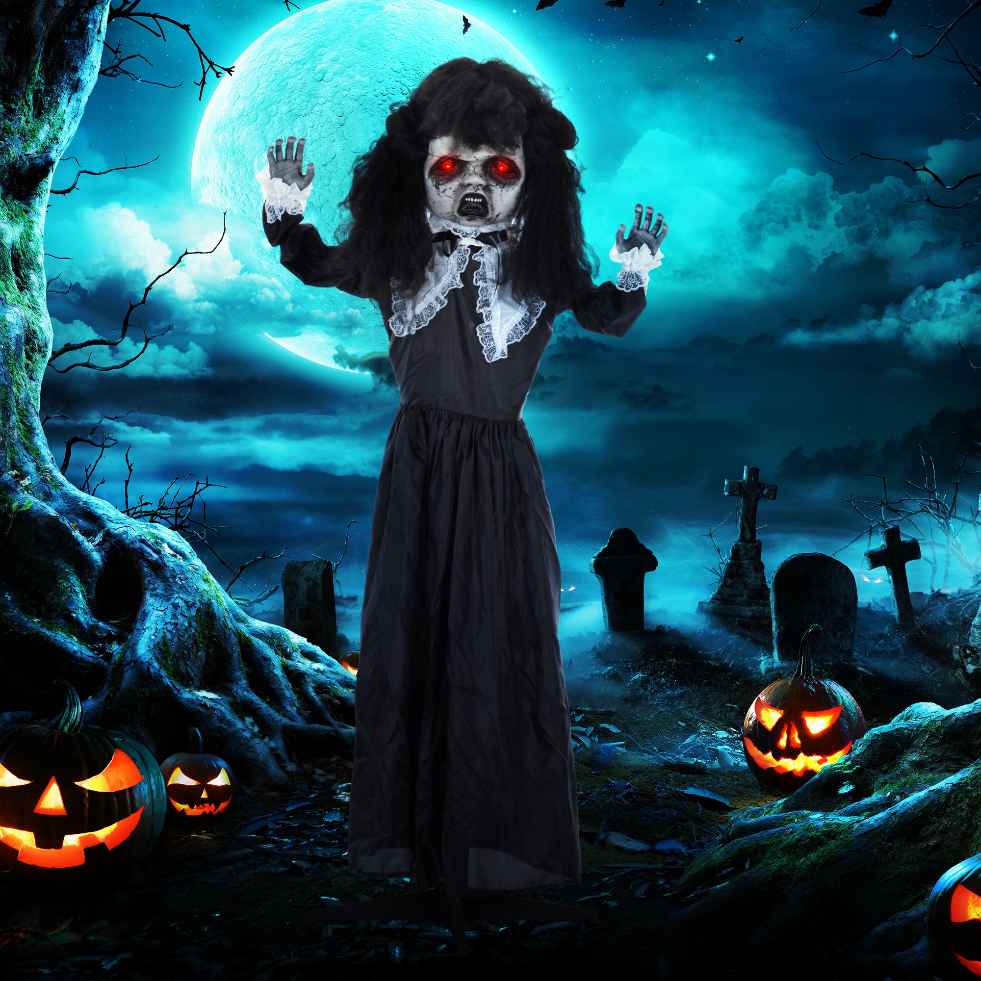 Horrorpuppe, Helloweendeko, gruselige Stimme & Musik, rote Augen, beweglich, 160 cm