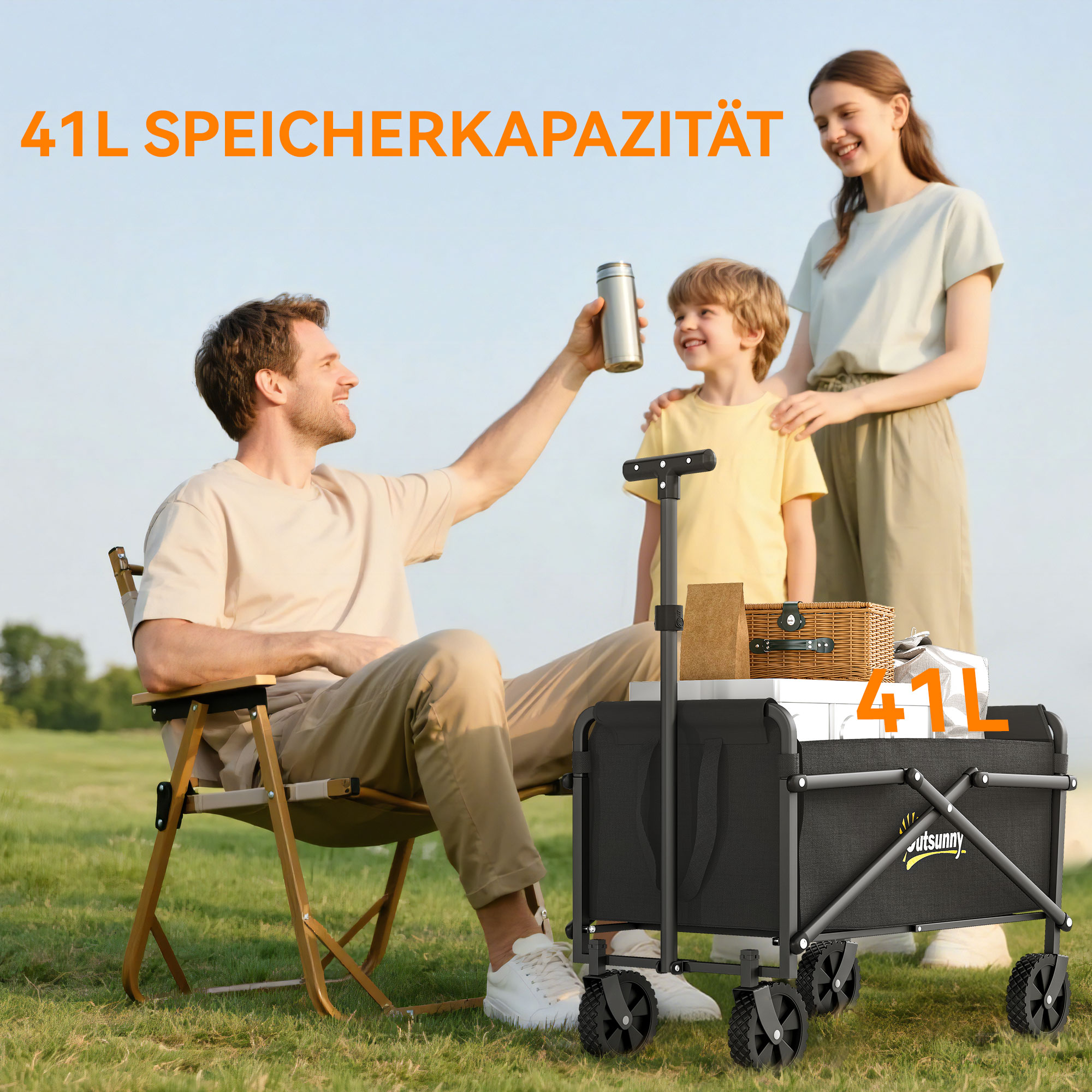 Bollerwagen faltbar Handwagen 360° Gartenwagen mit verstellbarem Griff Strandwagen bis 60 kg für Sport Einkauf Schwarz