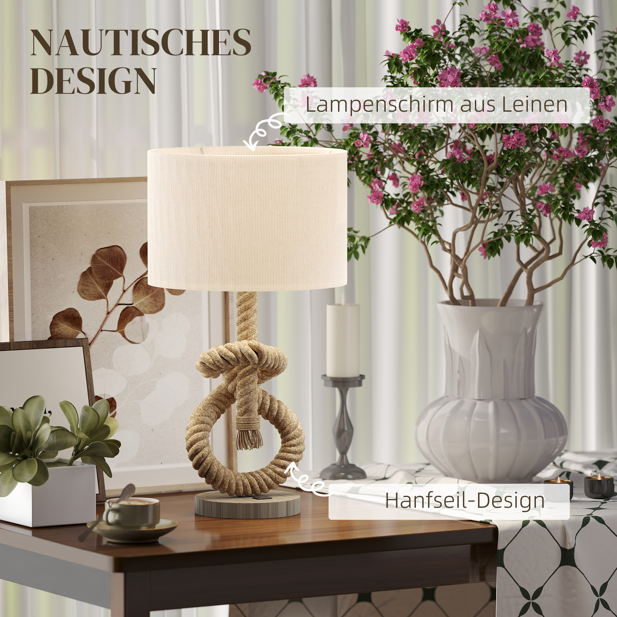 Tischleuchte im maritimen Stil, USB-Ladeanschluss, warm, Seil-Dekor, 30x30x55 cm