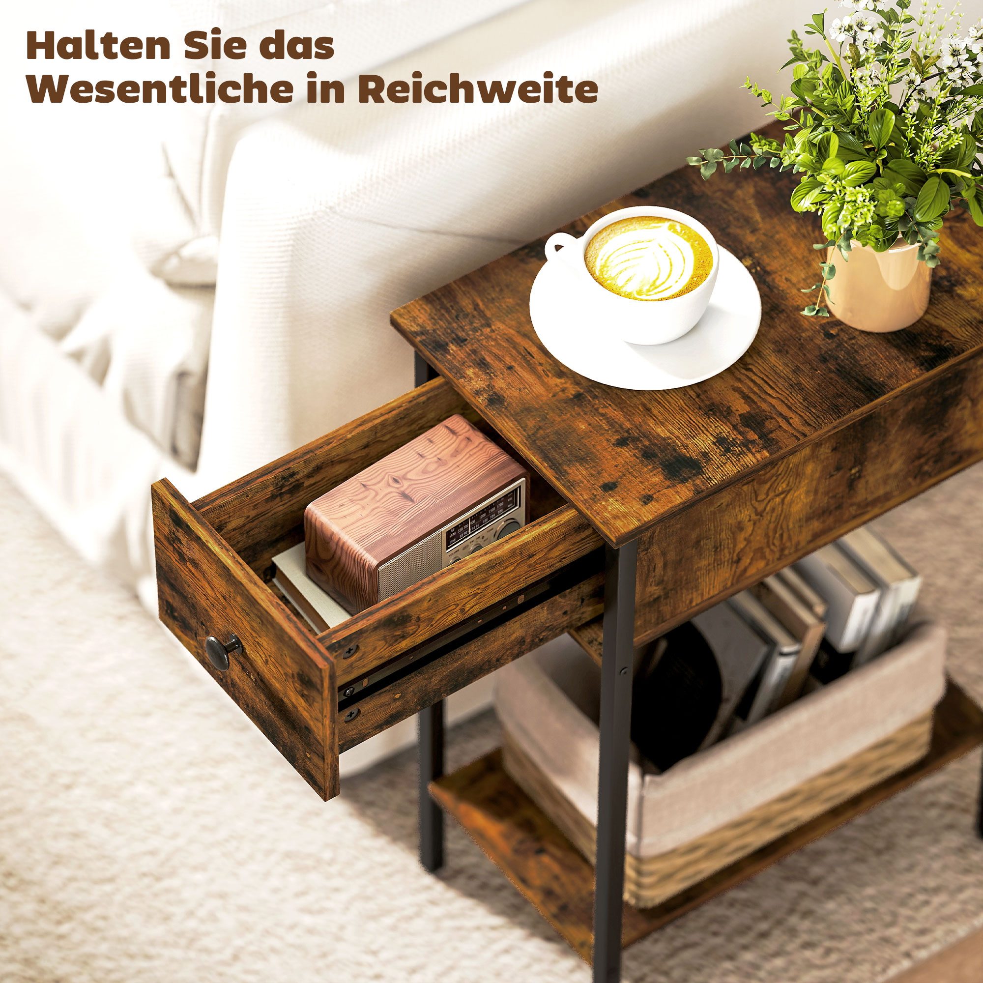 Beistelltisch mit offenem Fach und Schublade, Nachttisch, Metallbeine, Holz, Braun
