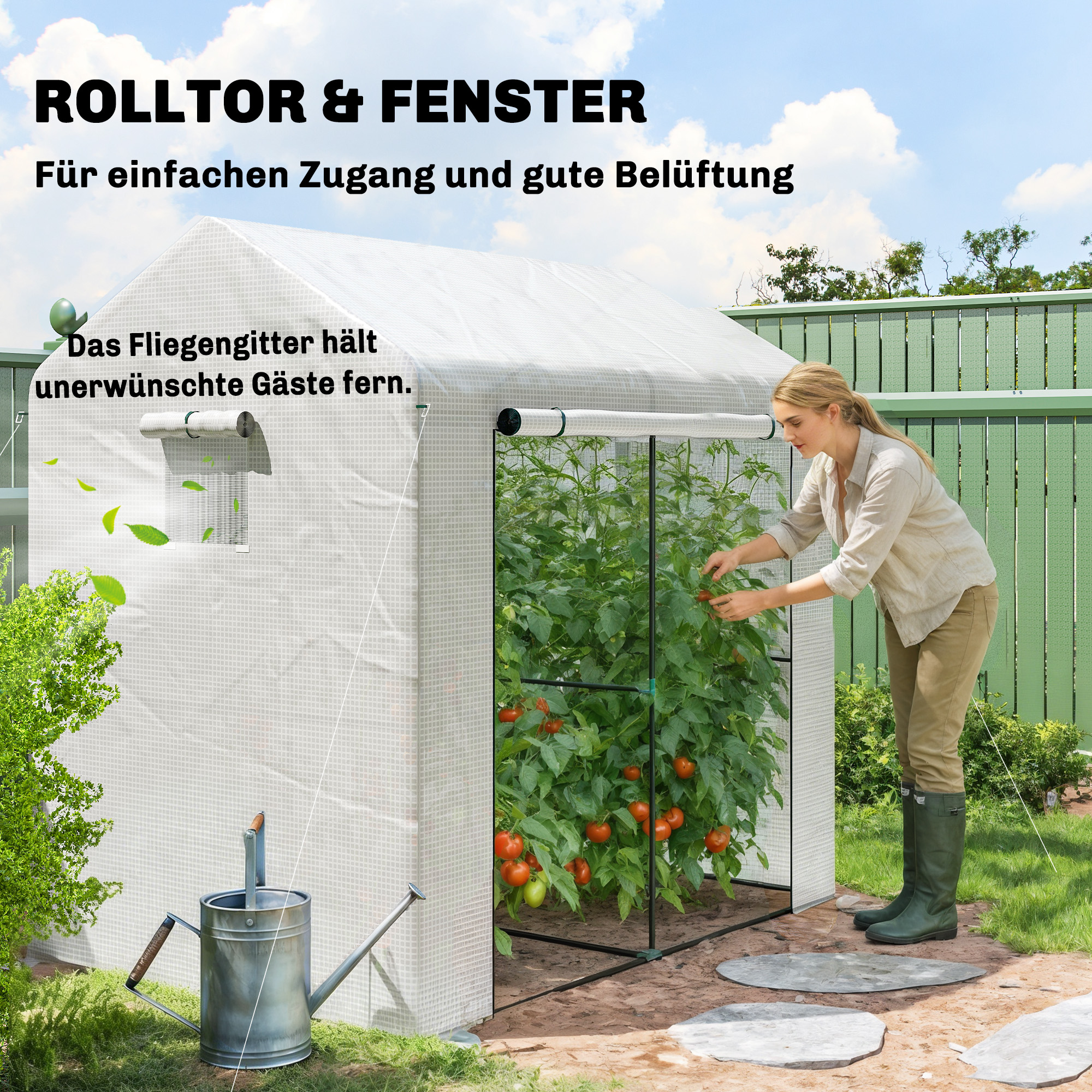 Gewächshaus Treibhaus Frühbeet, wetterbeständig, aufrollbare Tür, 200 x 200 x 140 cm, Weiß, Dunkelgrün