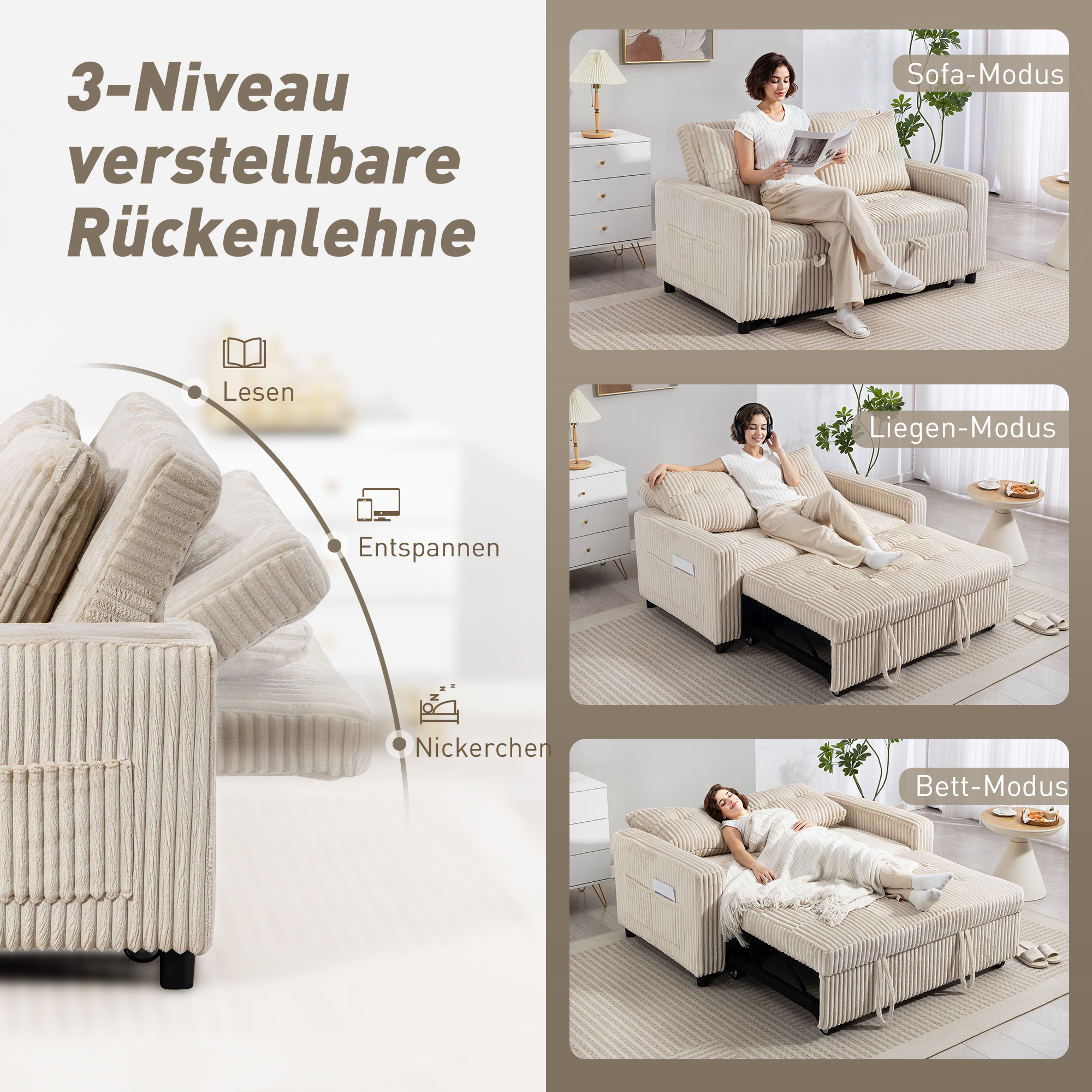 2-Sitzer Sofabett, Cordbezug, zum Schlafsofa umwandelbar, 2 Kissen, Seitentaschen, 157 x 190 cm, Cremeweiß