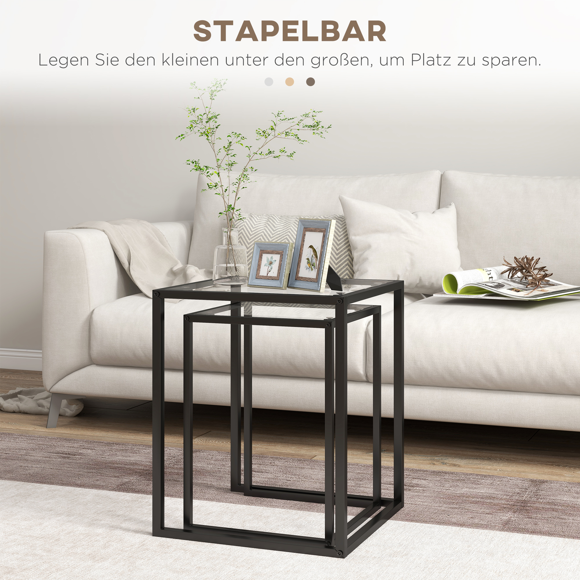 2er Set Beistelltisch stapelbarer Nachttisch Couchtisch mit Beinen aus Stahl, modern für Wohnzimmer Schwarz