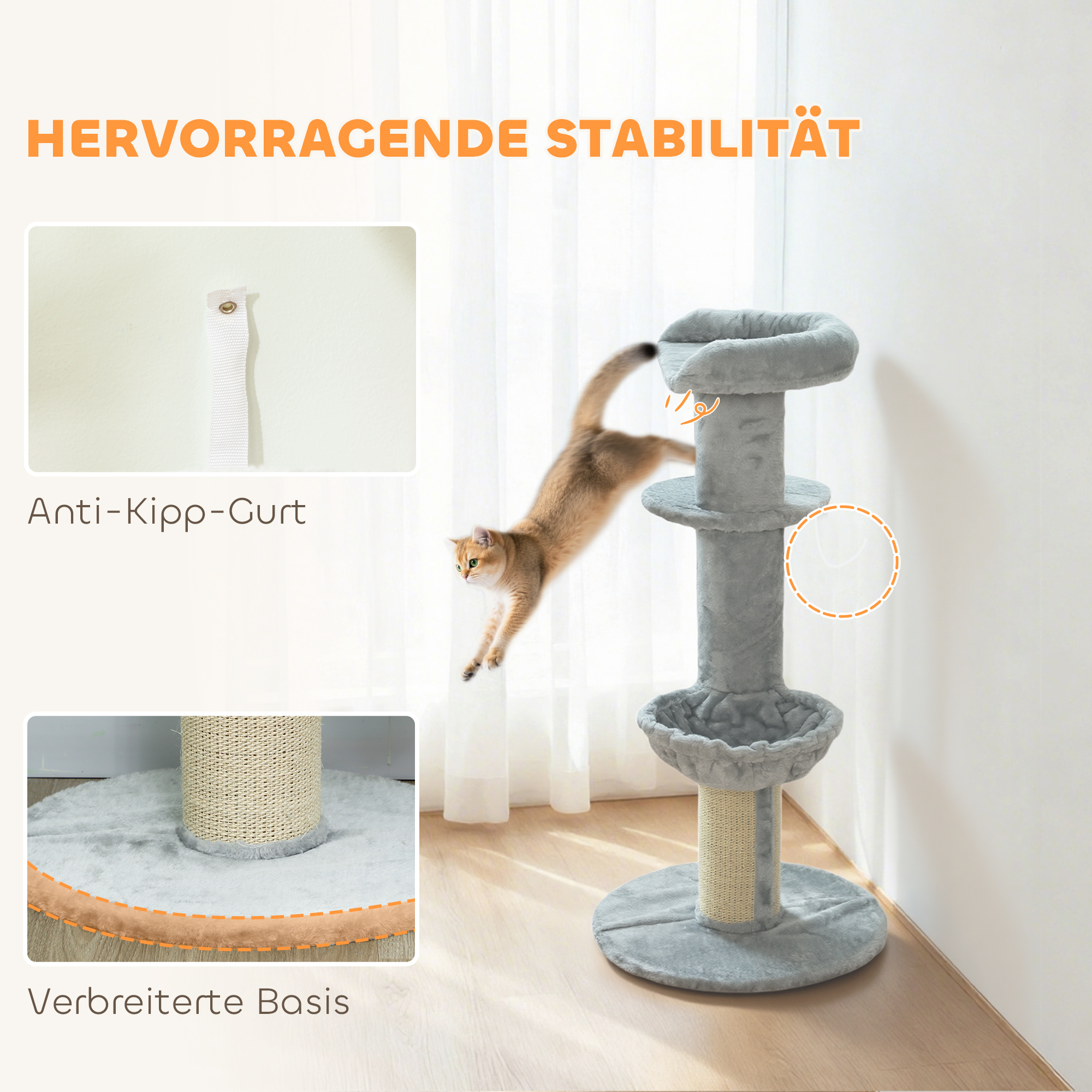 Katzenkratzbaum, Sisalpfosten, mehrstufig, Plüschstoff, hängende Kugel, Hellgrau