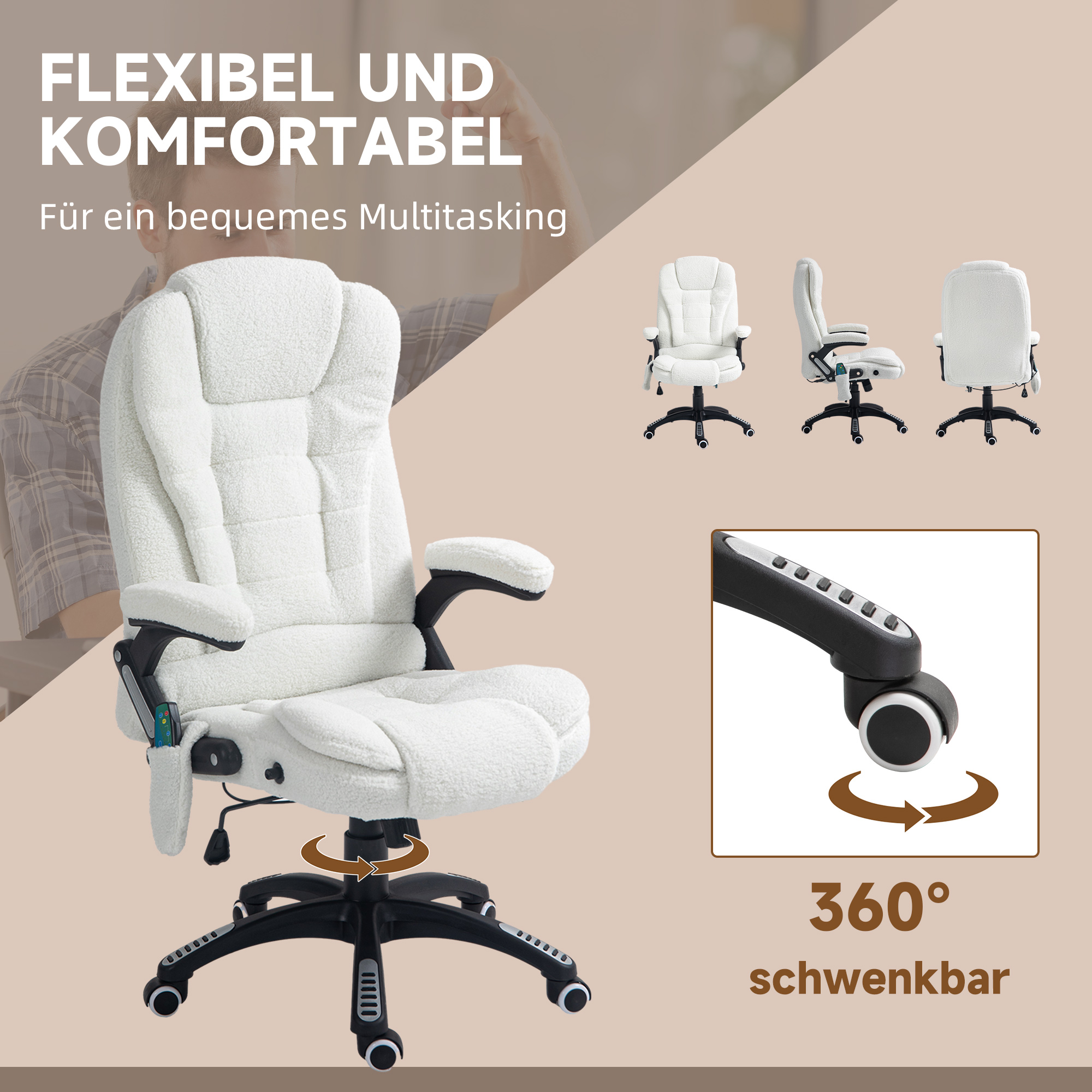 Bürosessel Massagefunktion Massagebürostuhl, Massagefunktion, höhenverstellbar, 67 x 74 x 107-116 cm, Weiß