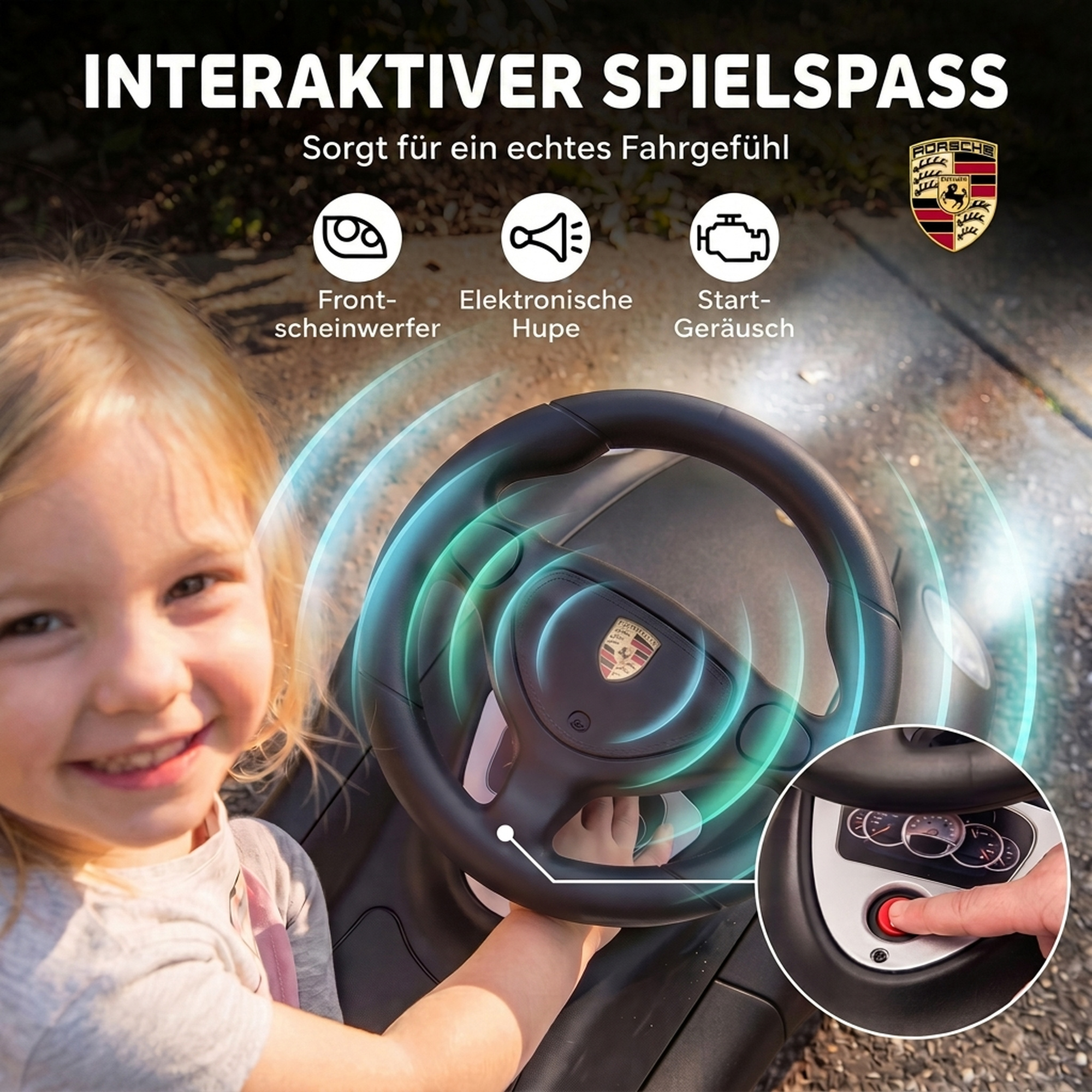 Rutschauto Kinder Porsche Rutschfahrzeug mit Hupe Licht Motorgeräuschen, für 18–36 Monate, Mattschwarz