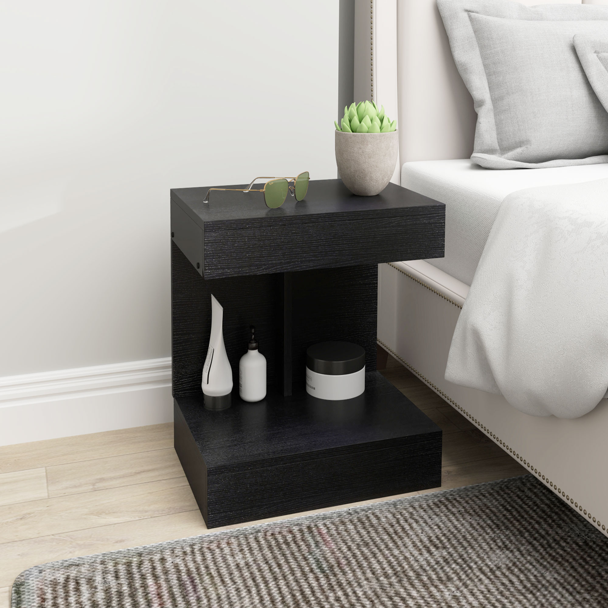 Nachttisch, Beistelltisch mit Schublade und Ablagefach, Moderner Sofatisch mit Regal für verschiedene Räume, Schwarz
