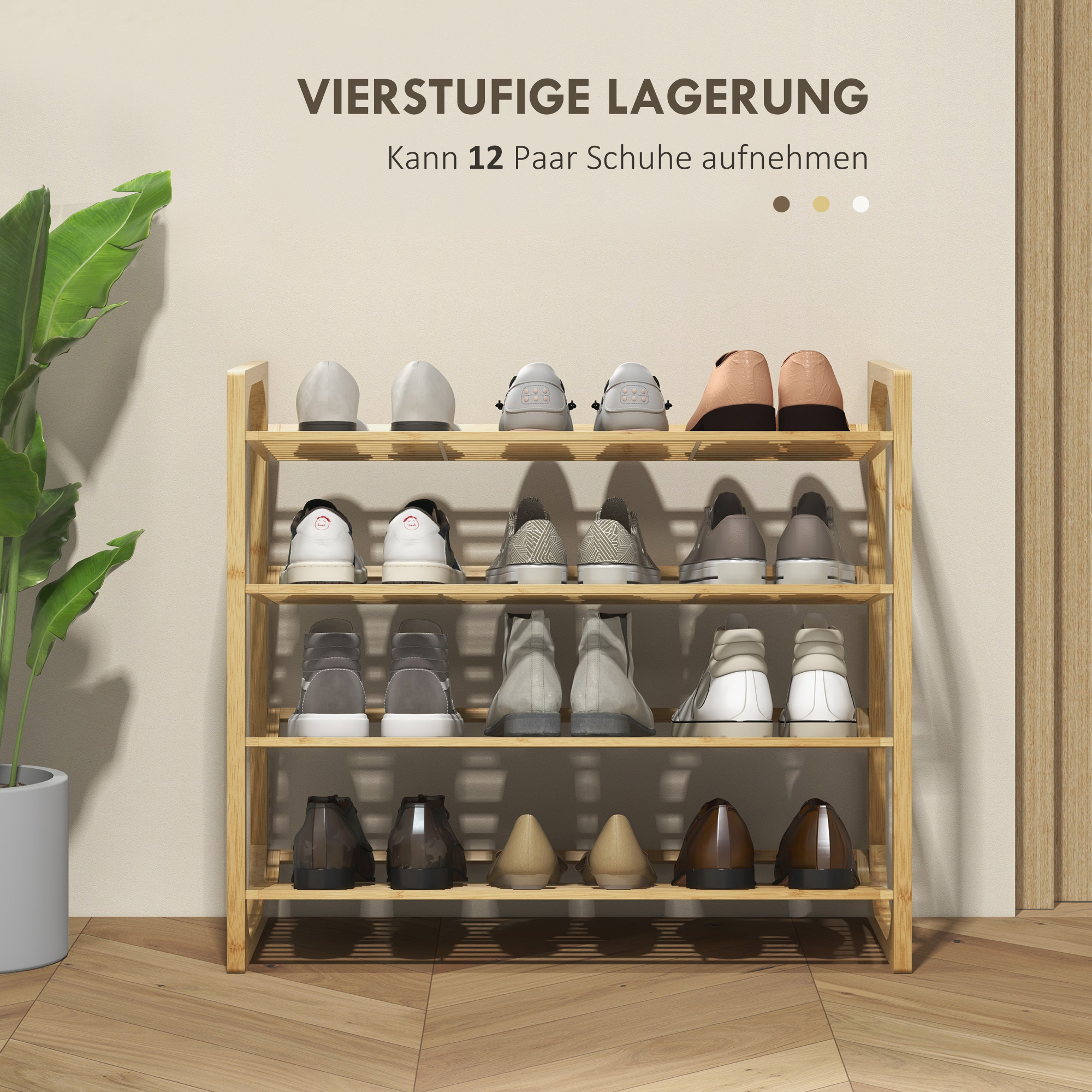 Schuhregal aus Bambus, 15,5 cm Regalhöhe, belüftetes Latten-Design, 76 x 33 x 67 cm, Naturholz-Effekt