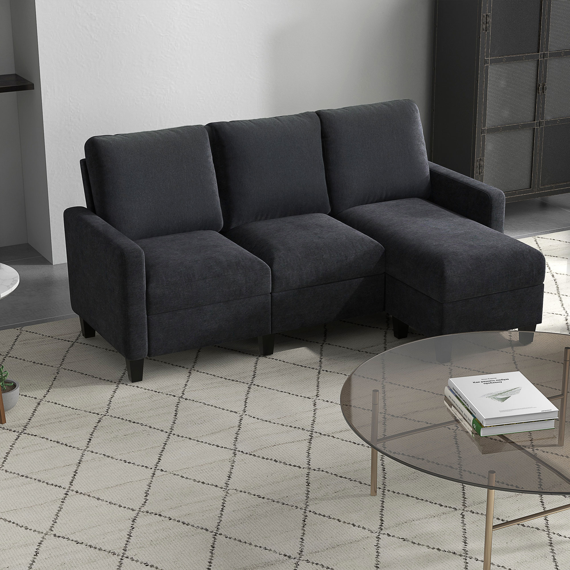Ecksofa, 3 Sitzer Sofa und Kissen, Eckcouch, L-Form Couch für Wohnzimmer, Schlafzimmer 197 x 139 x 91 cm, Leinen, Dunkelgrau