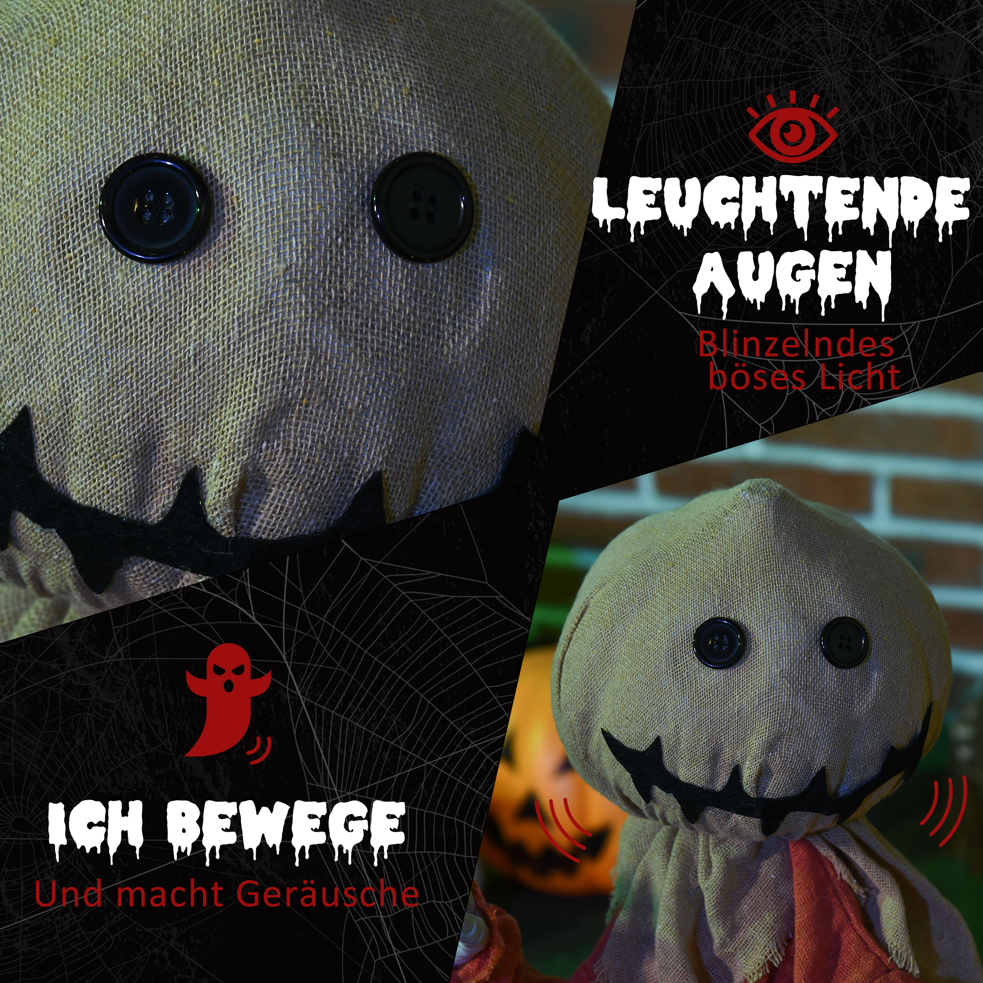 Vogelscheuche Halloween-Dekoration, beweglich, macht Geräusche, batteriebetrieben