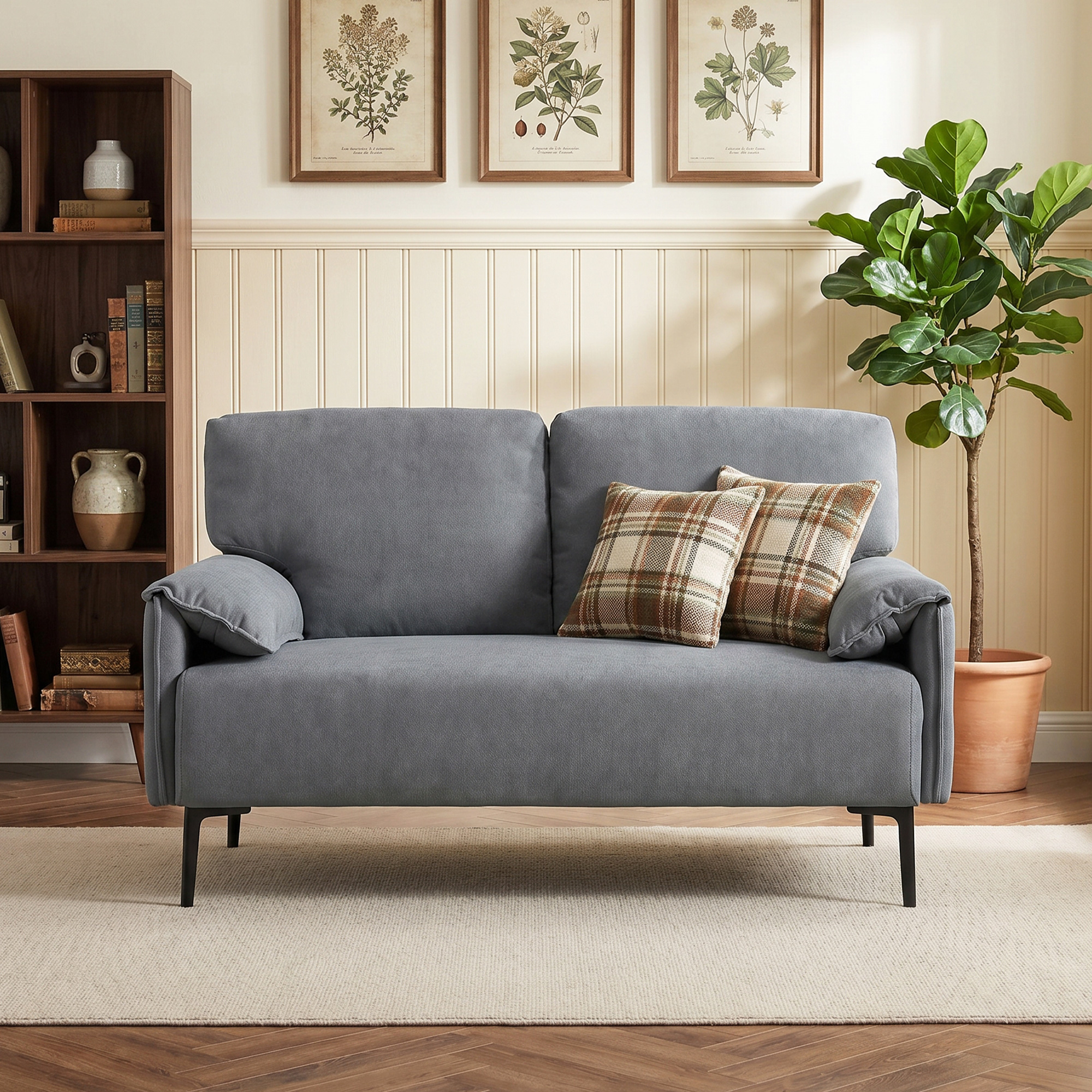 2-Sitzer-Sofa, dicke Kissen, samtiger Bezug, Polstersofa, Schwarz