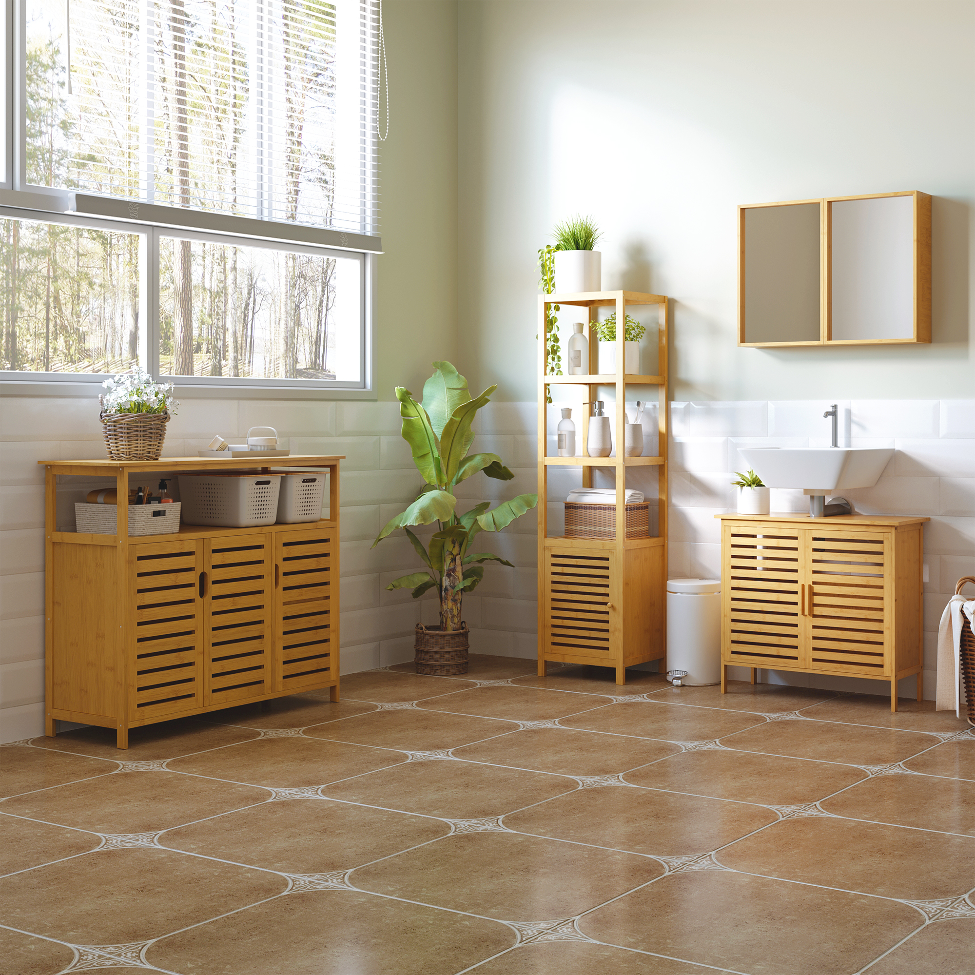 Badezimmerschrank, freistehend, 3 Regalböden, schmal & hoch, Lamellentür, 36 x 33 x 140cm