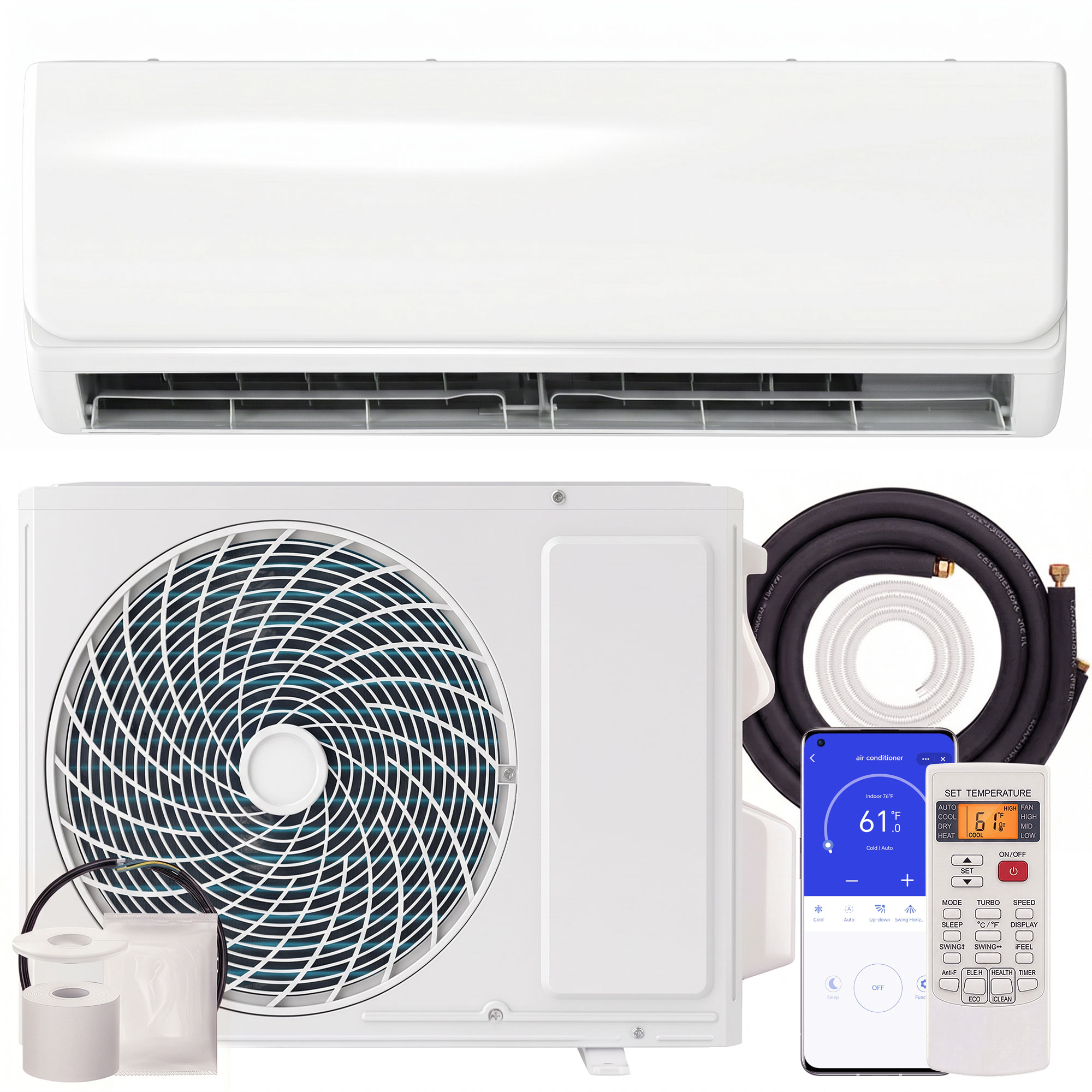 9000 BTU Mini-Split-Klimaanlage & Wärmepumpe, WLAN-fähige Inverter-Klimaanlage mit Installationskit