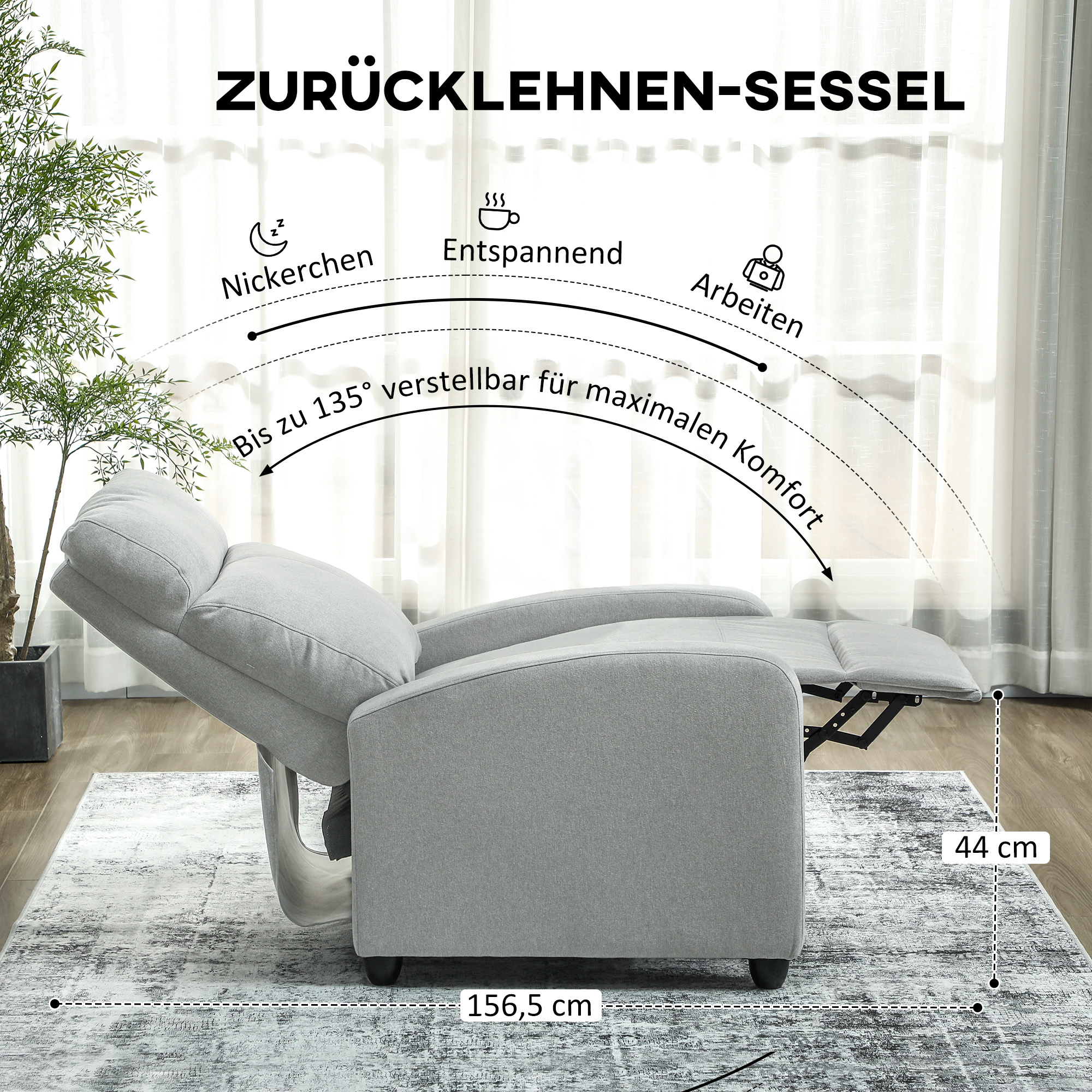 Relaxsessel, verstellbar 135°, ausziehbare Fußstütze, gepolsterte Lehnen, Leinen-Polyester, Hellgrau