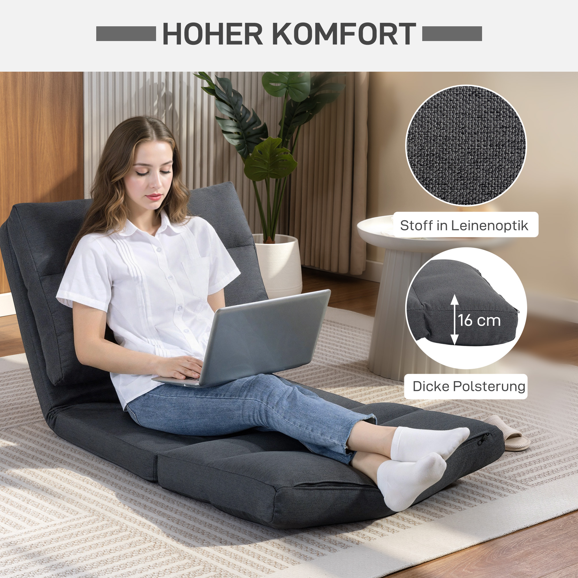 Sitzsack mit Bettfunktion, neigbare Lehne, klappbar, bis 120kg, 70 x 72 x 56 cm, Dunkelgrau