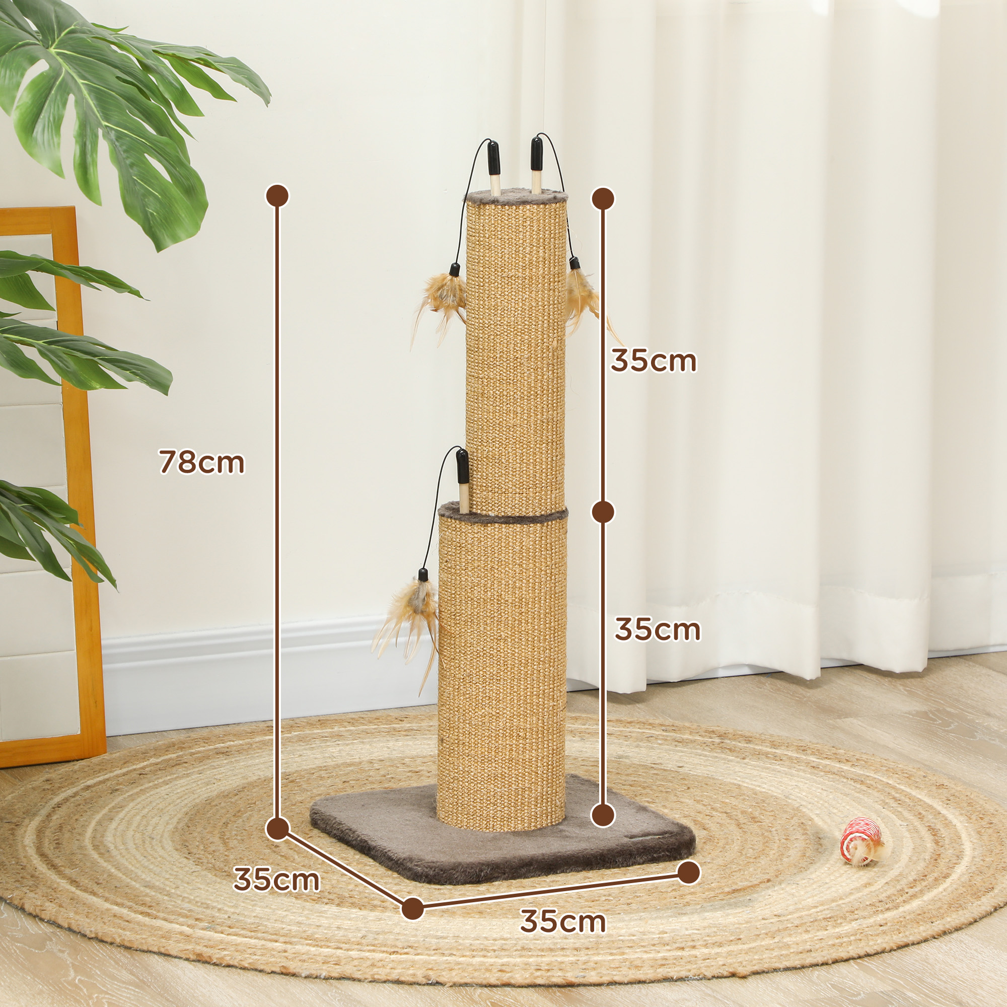 78 cm 2-in-1 Katzenkratzpfosten mit 3 Spielzeugfedern, Braun