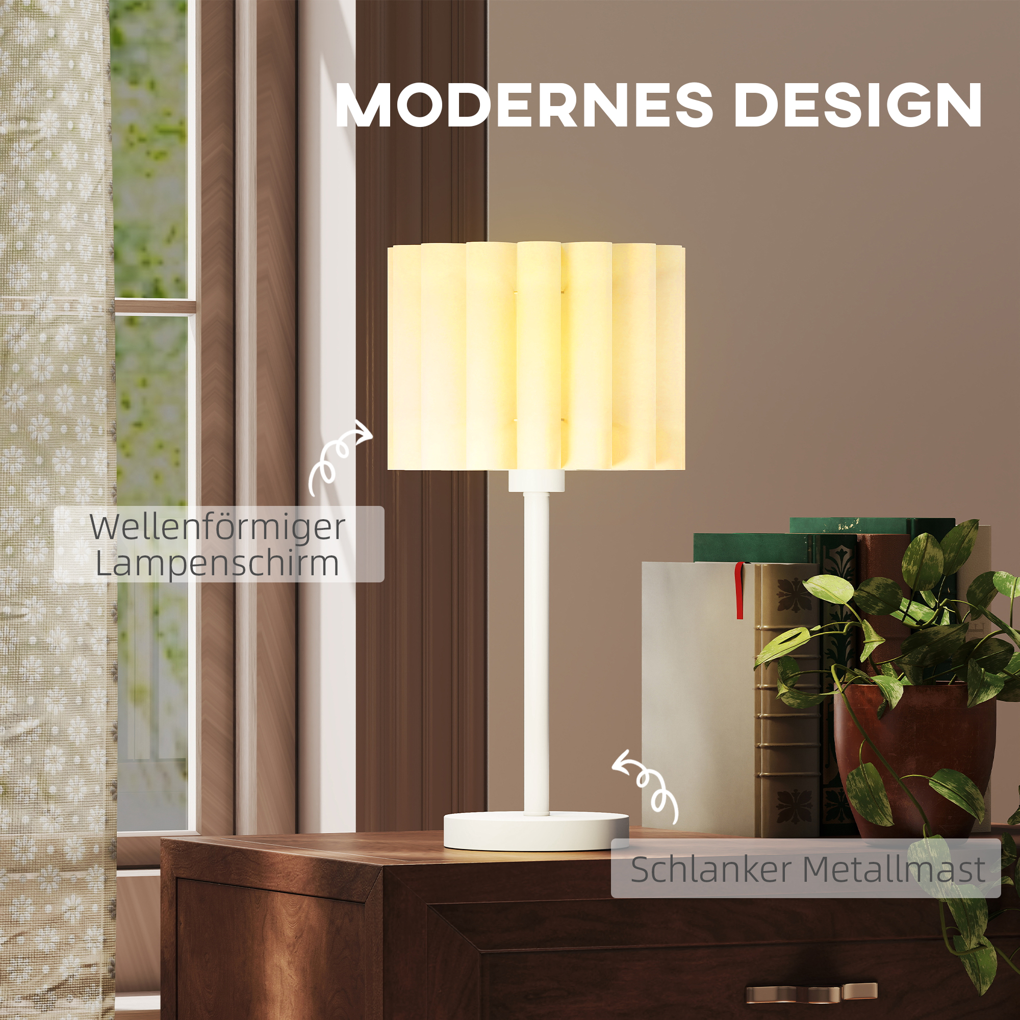 Tischlampe im Retro-Stil, Nachttischlampe, Kunststoff-Schirm, Knopfschalter, Weiß